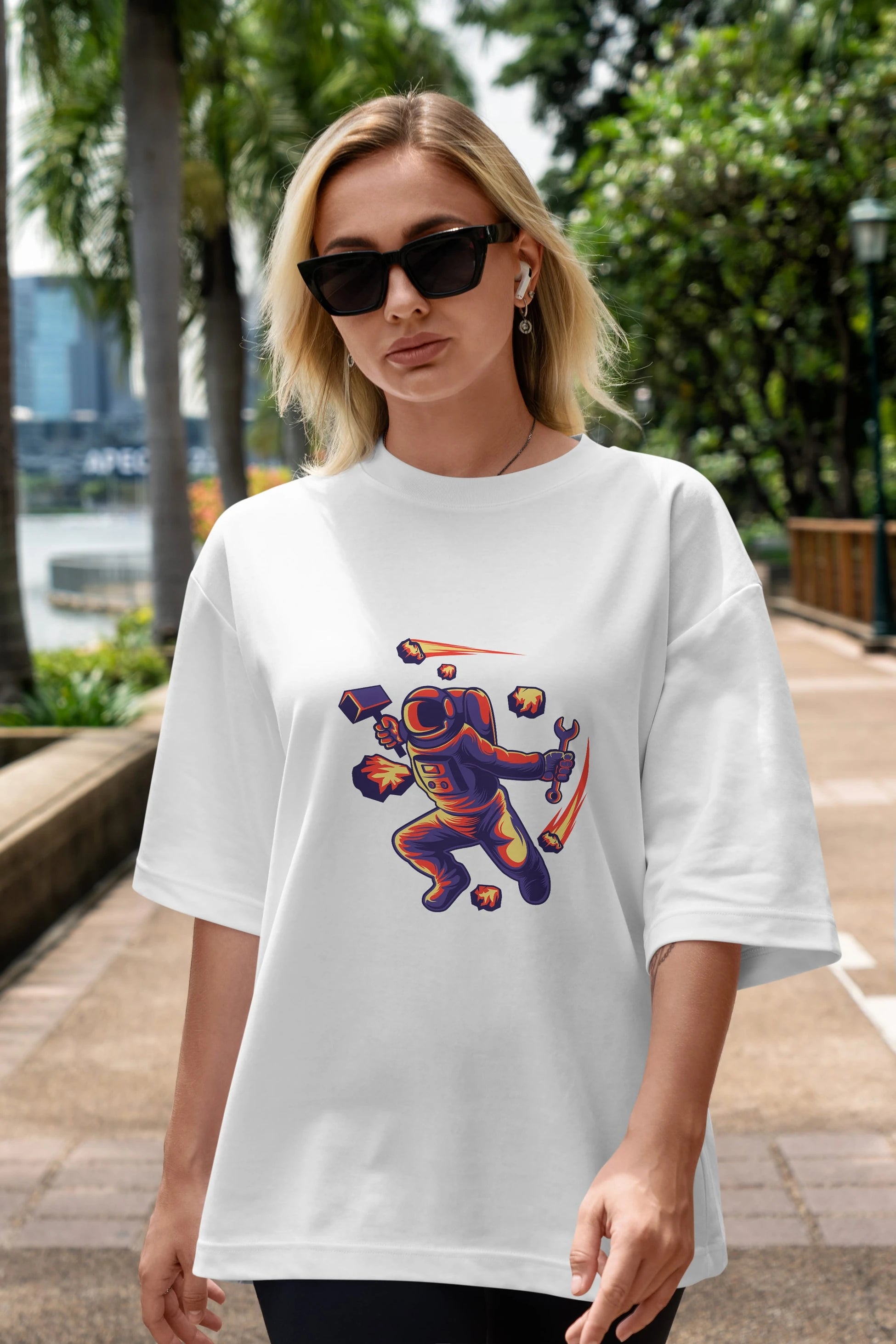 Astronaut Block Meteor Sticker Ön Baskılı Oversize t-shirt Erkek Kadın Unisex