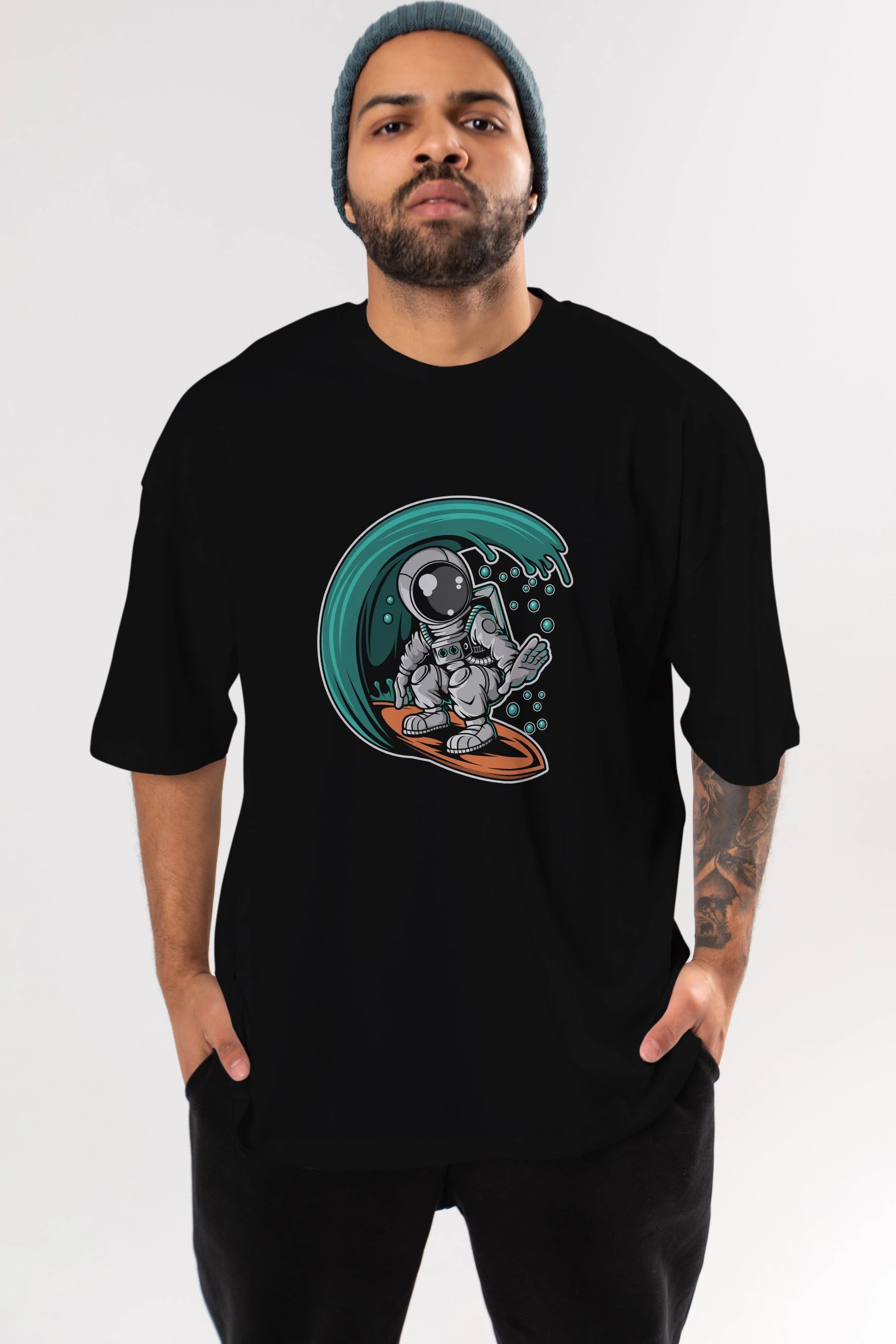 Astronaut Surfing Ön Baskılı Oversize t-shirt Erkek Kadın Unisex