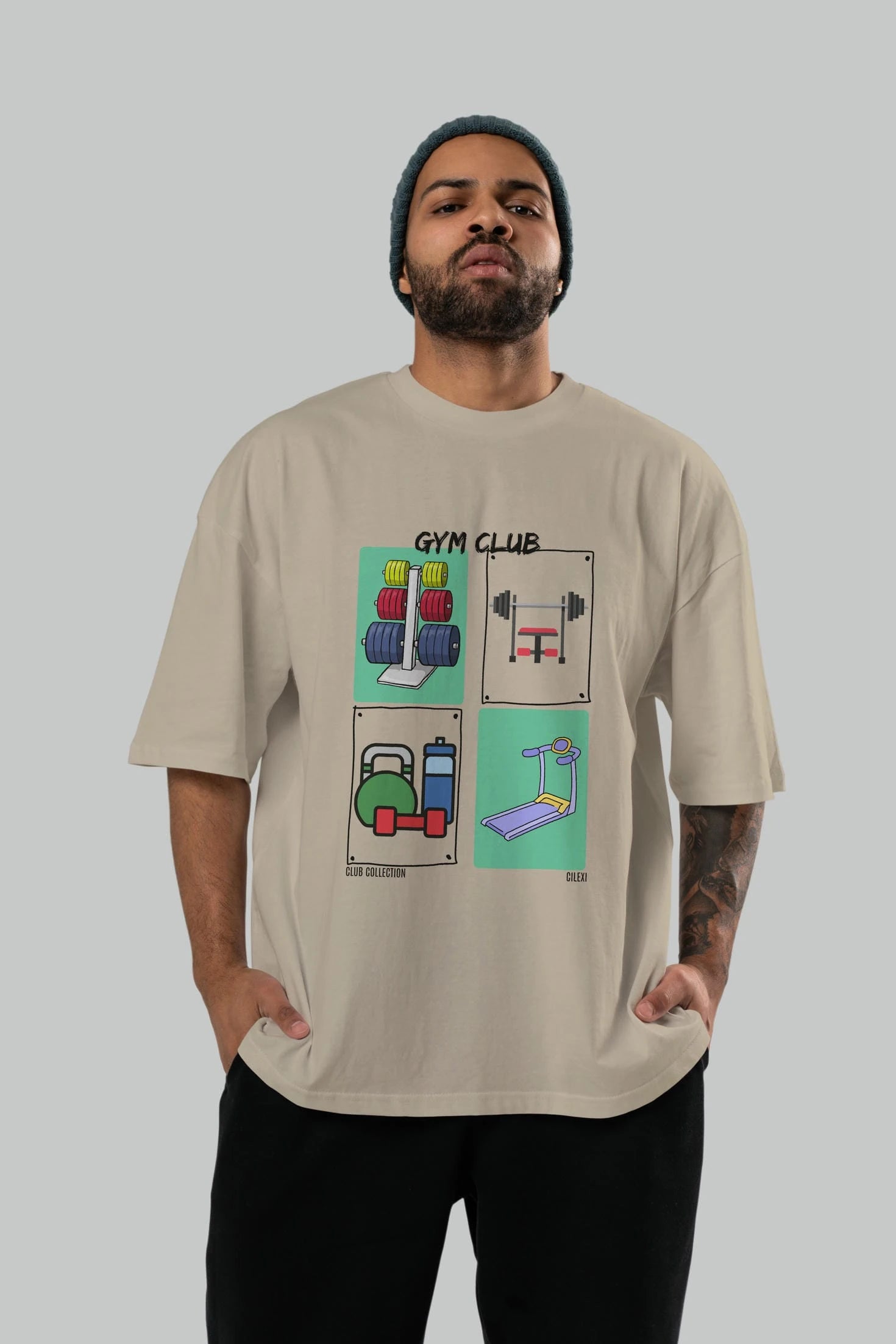 Gym Club ön Baskılı Oversize t-shirt Erkek Kadın %100 Pamuk Bisiklet Yaka tişort