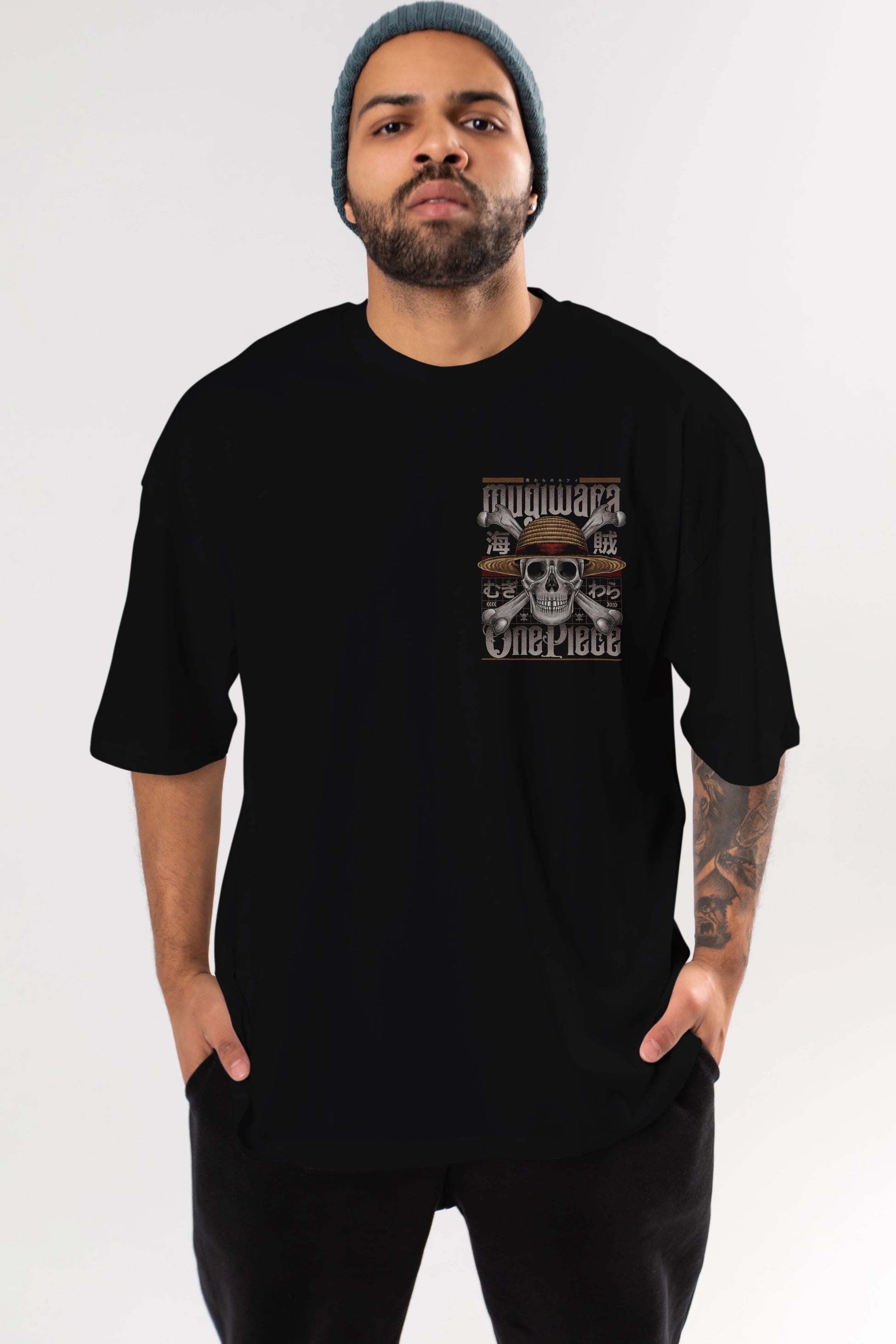 ONE PIECE (2) Ön Sol Baskılı Oversize t-shirt Erkek Kadın Unisex %100 Pamuk Bisiklet Yaka tişort
