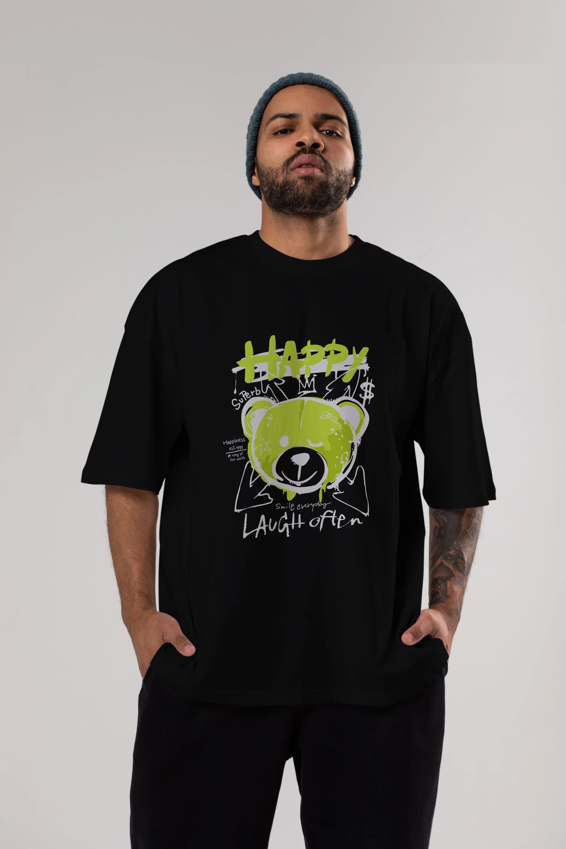 Happy Bear Ön Baskılı Oversize t-shirt Erkek Kadın Unisex