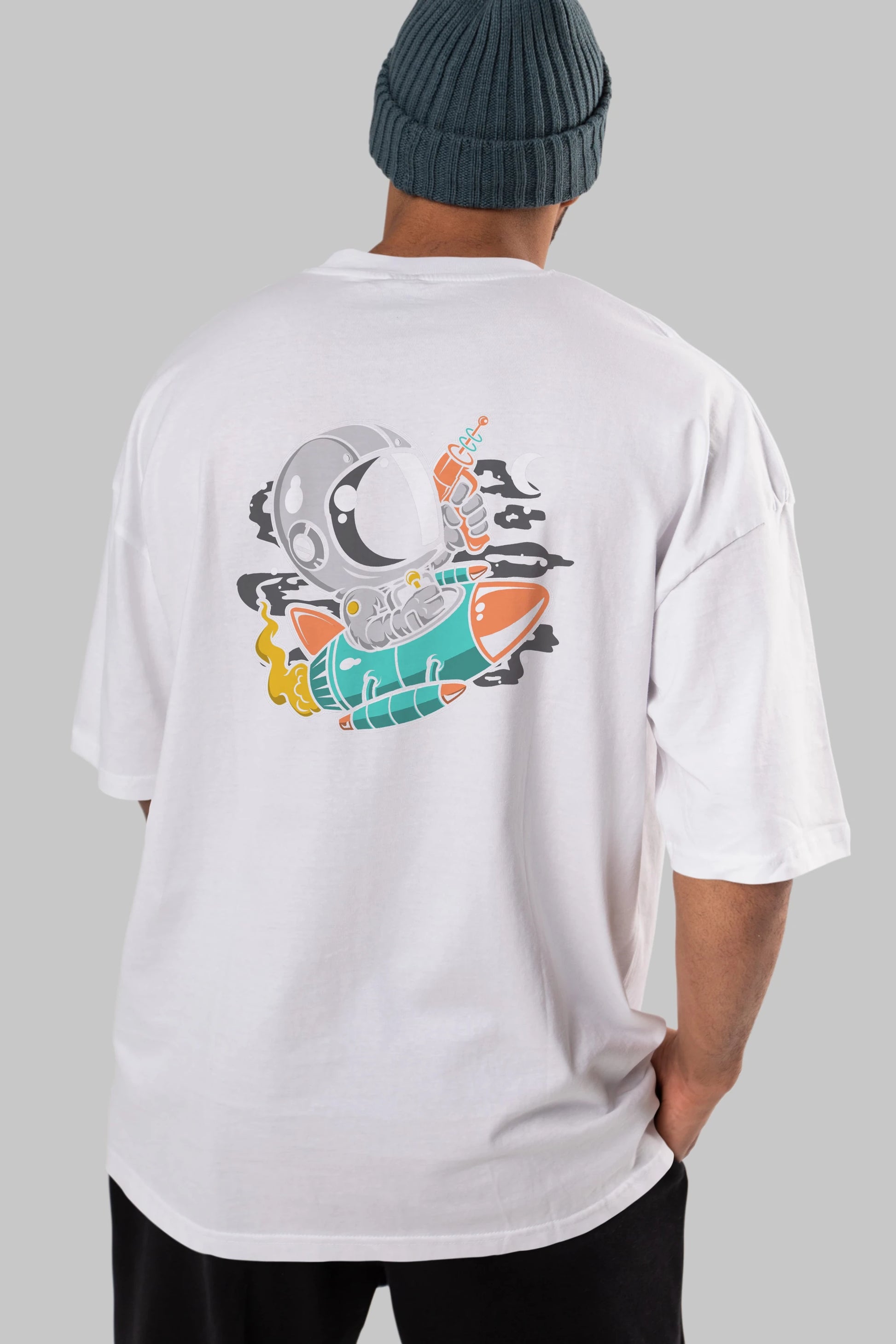Astronaut Riding Rocket Arka Baskılı Oversize t-shirt Erkek Kadın Unisex