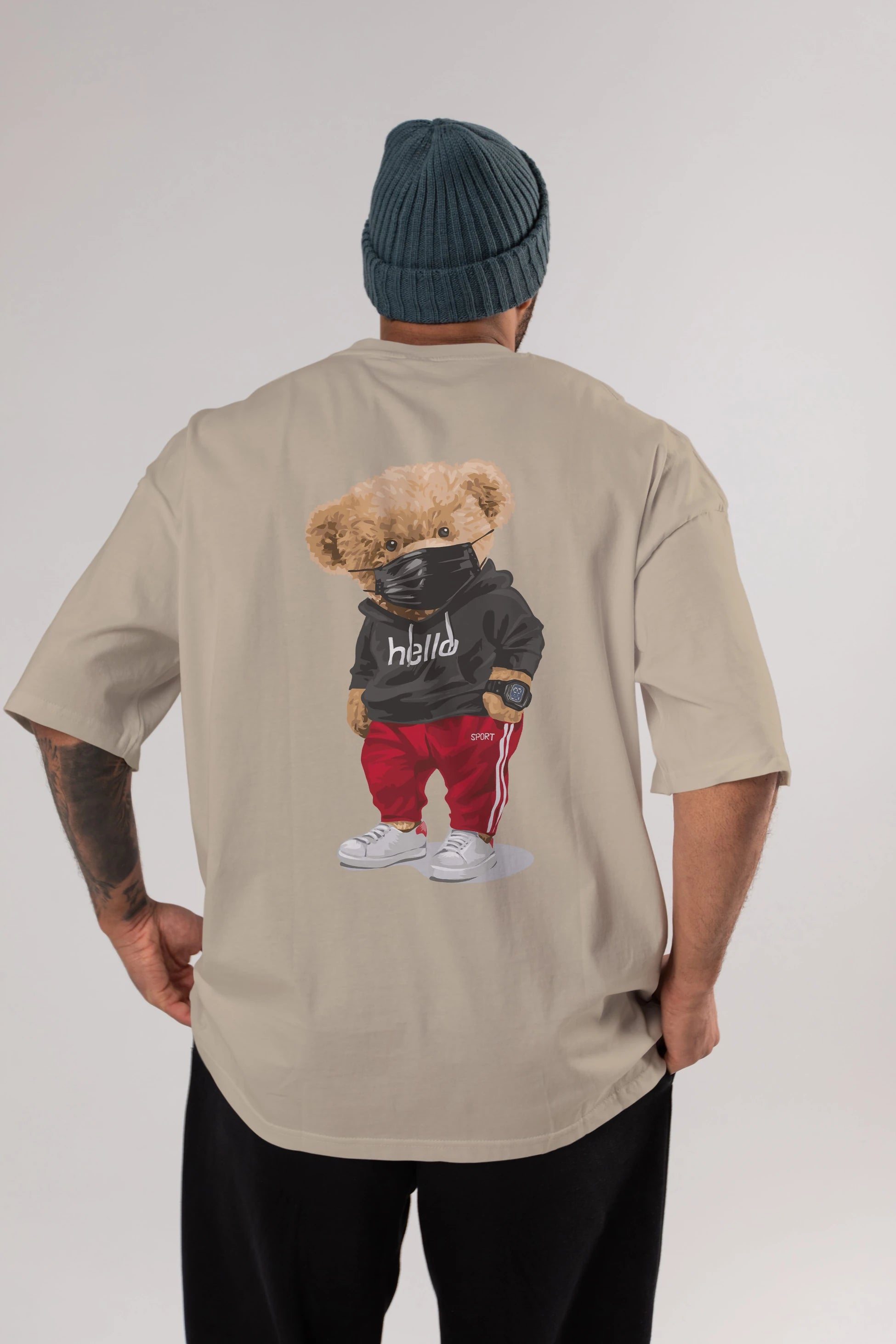 Teddy Bear Hello Sport Arka Baskılı Oversize t-shirt Erkek Kadın Unisex %100 Pamuk