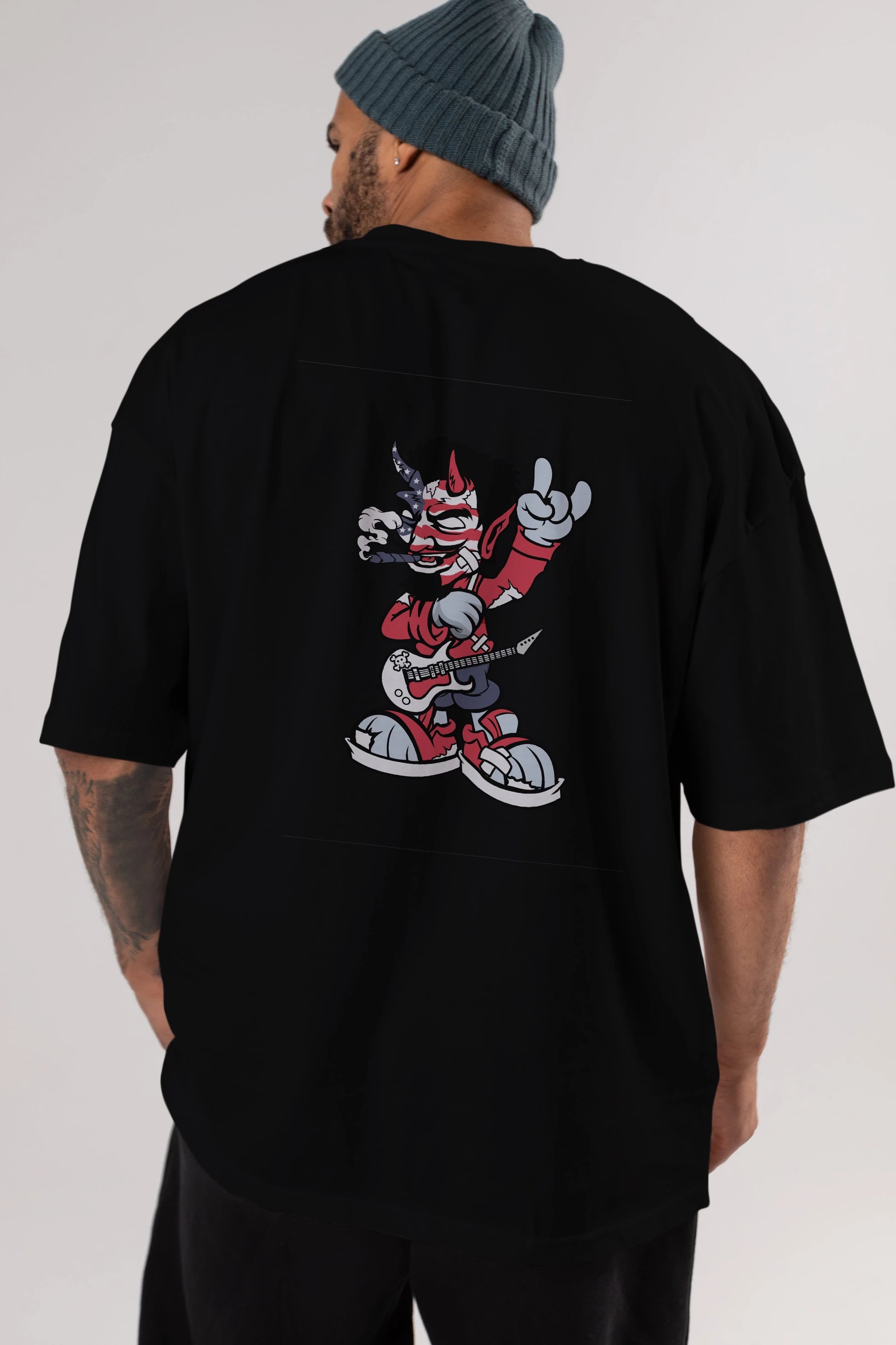 American Devil Rockstar Arka Baskılı Oversize t-shirt Erkek Kadın Unisex %100 Pamuk tişort