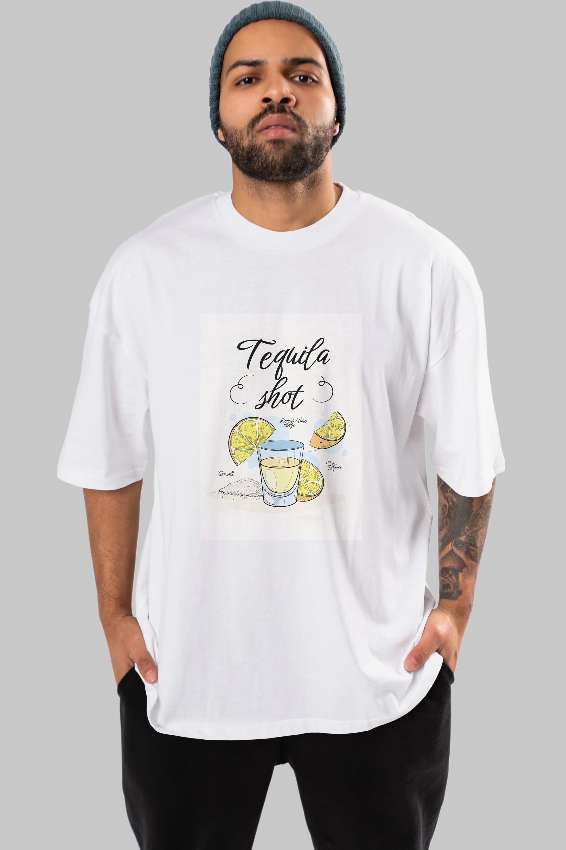 Tequila Shot Ön Baskılı Oversize t-shirt Erkek Kadın Unisex %100 Pamuk Bisiklet Yaka tişort