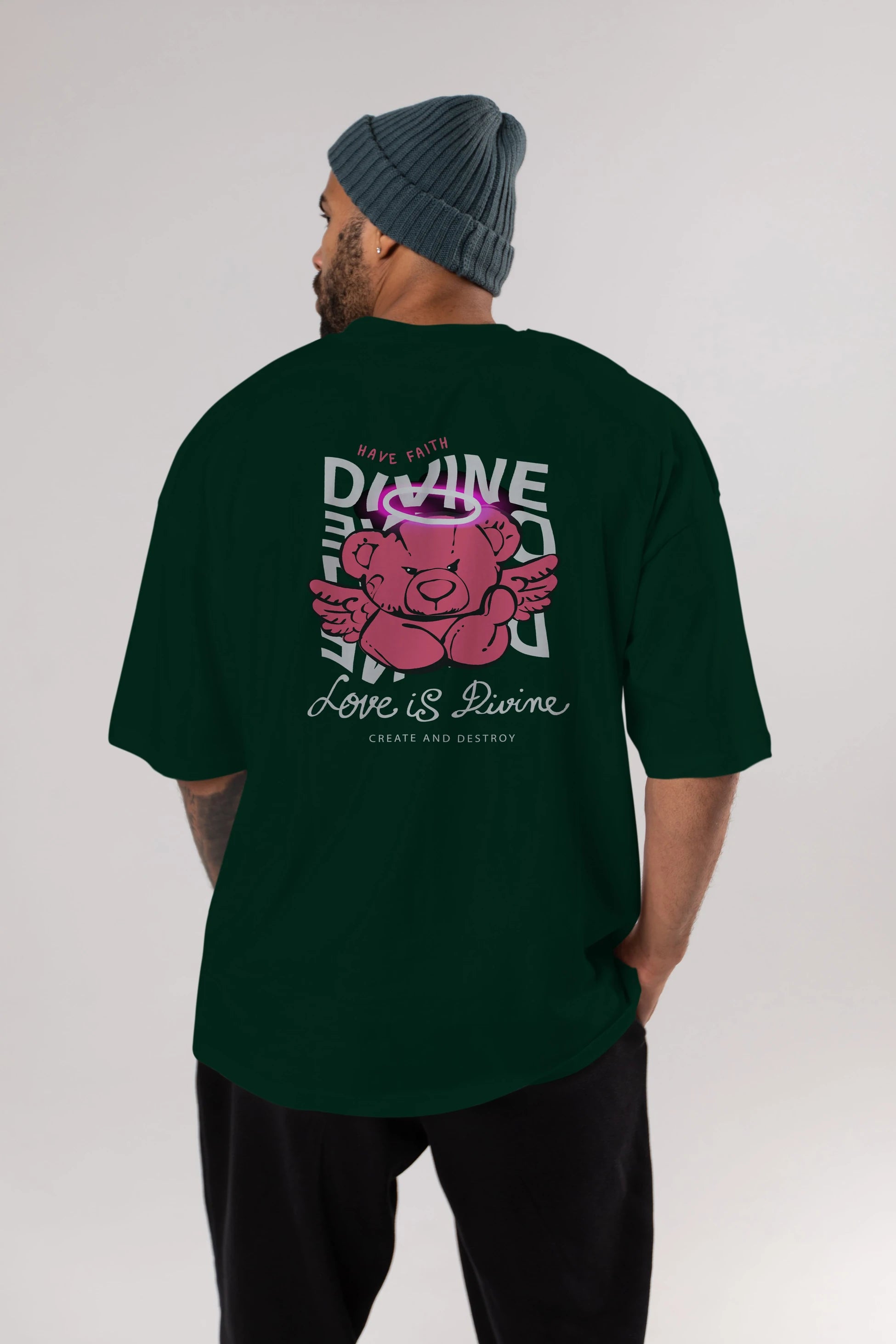 Love is Divine Bear Arka Baskılı Oversize t-shirt Erkek Kadın Unisex