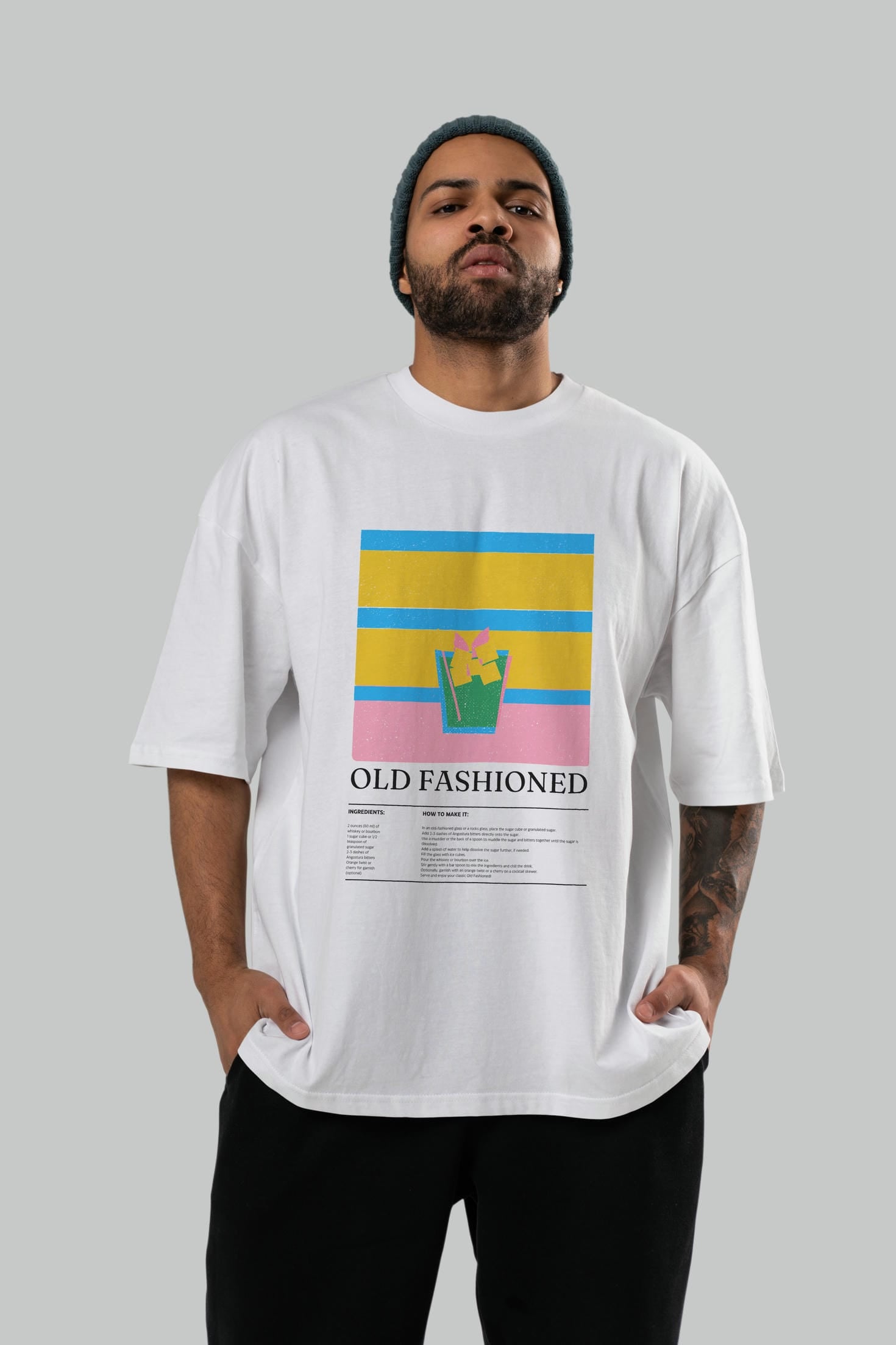Old Fashioned Kokteyl Ön Baskılı Oversize t-shirt Erkek Kadın %100 Pamuk Bisiklet Yaka tişort