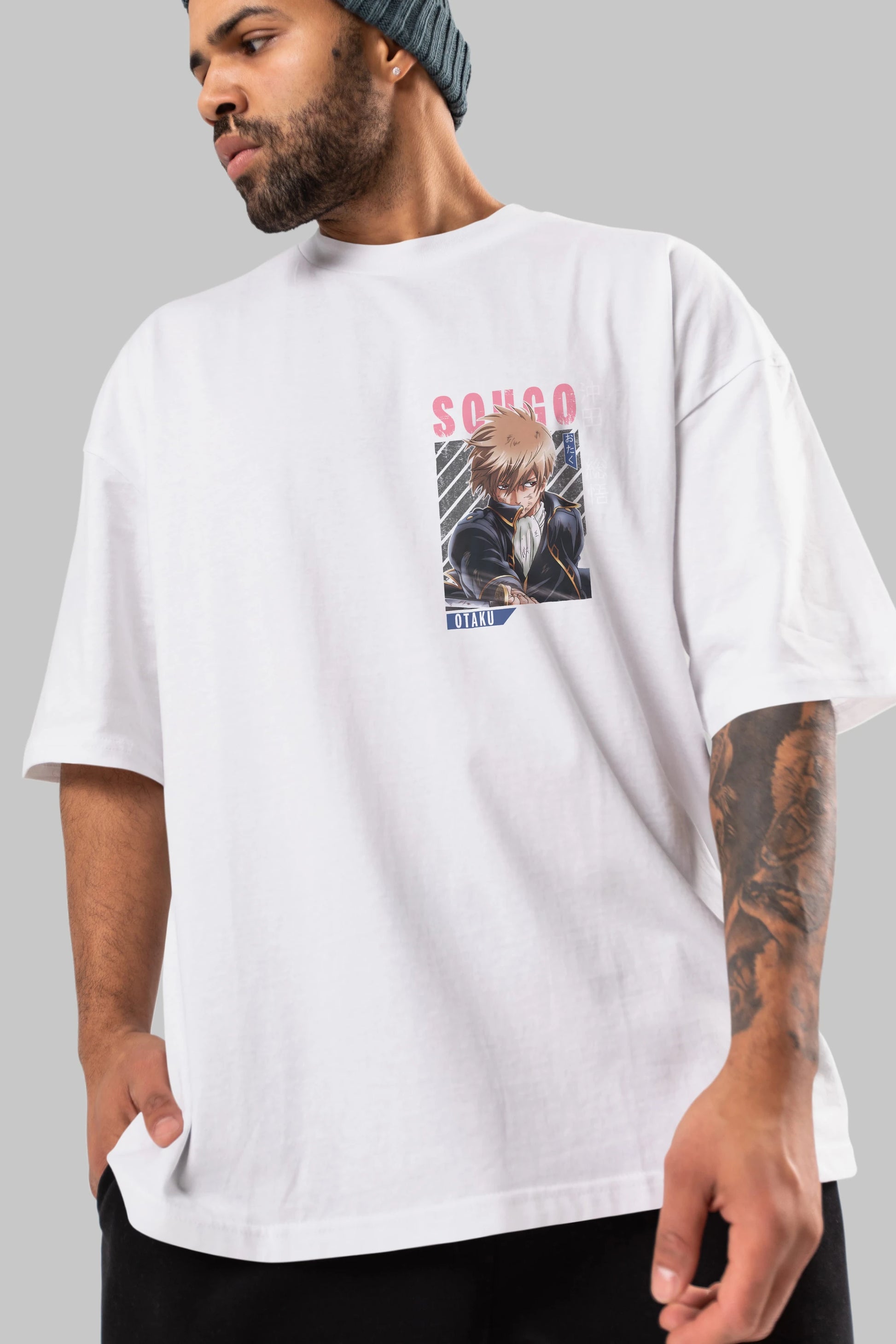Sougo Okita GINTAMA Ön Sol Baskılı Oversize t-shirt Erkek Kadın Unisex %100 Pamuk Bisiklet Yaka tişort
