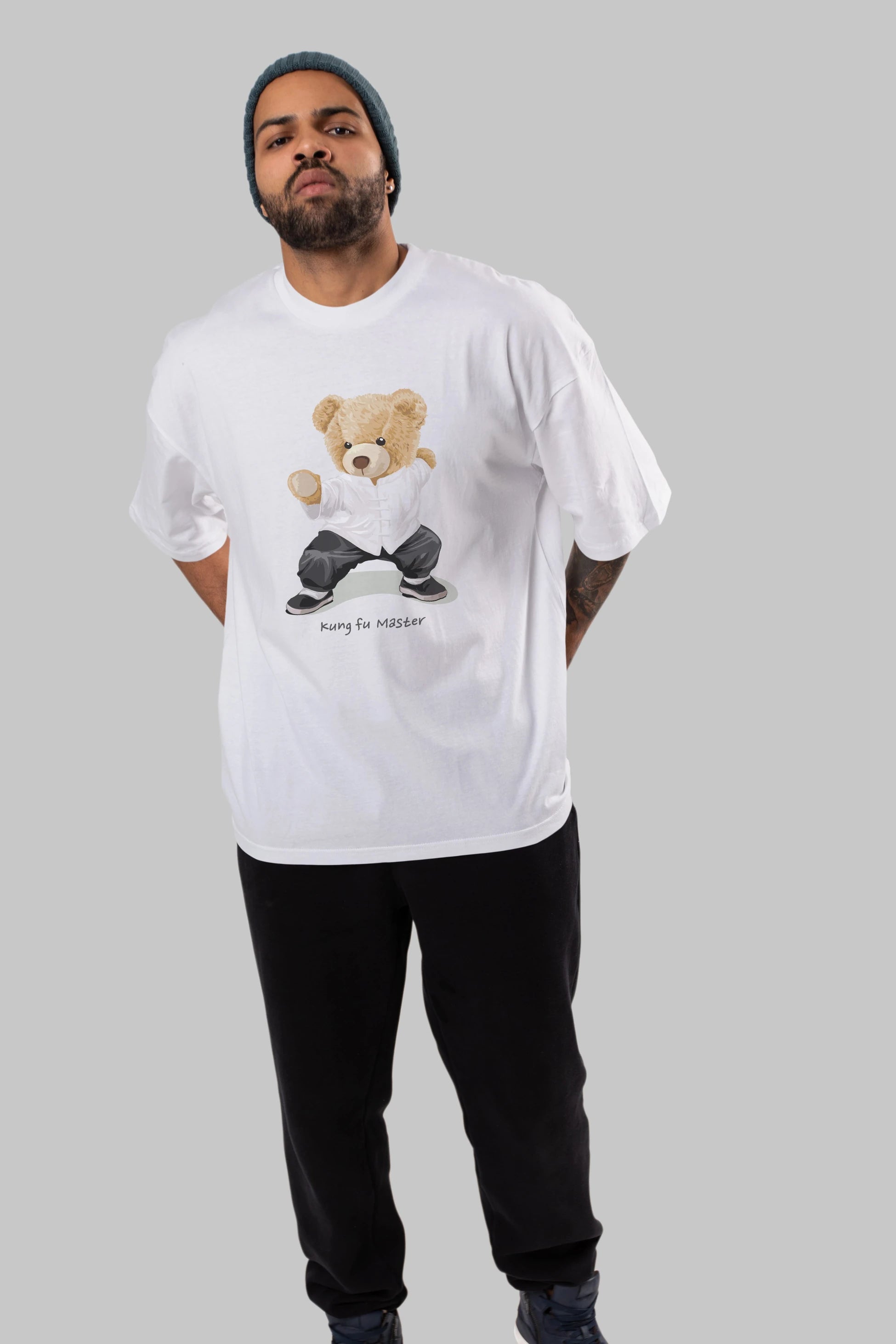 Teddy Bear Kung Fu Master Ön Baskılı Oversize t-shirt Erkek Kadın Unisex %100 Pamuk