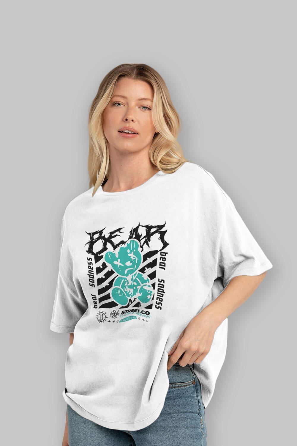 Bear Sadness Ön Baskılı Oversize t-shirt Erkek Kadın Unisex