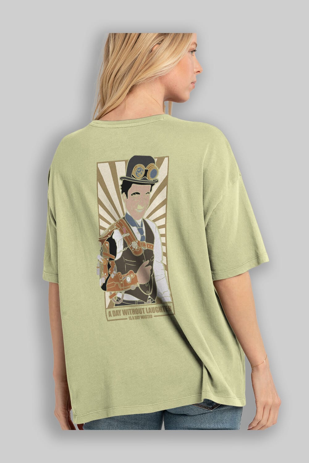 Steampunk Chaplin Arka Baskılı Oversize t-shirt Erkek Kadın Unisex %100 Pamuk tişort