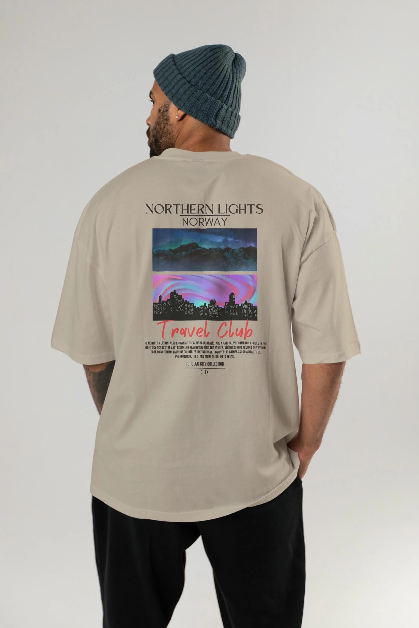 Northern Lights Norway Arka Baskılı Oversize t-shirt Erkek Kadın Pamuk Bisiklet Yaka tişort