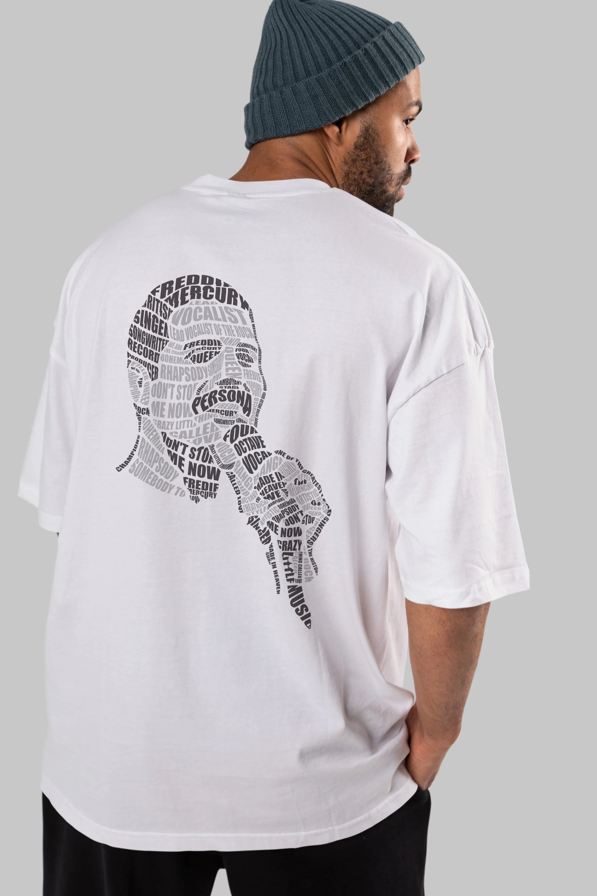 Freddy Mercuri Calligram Arka Baskılı Oversize t-shirt %100 pamuk Erkek Kadın Unisex
