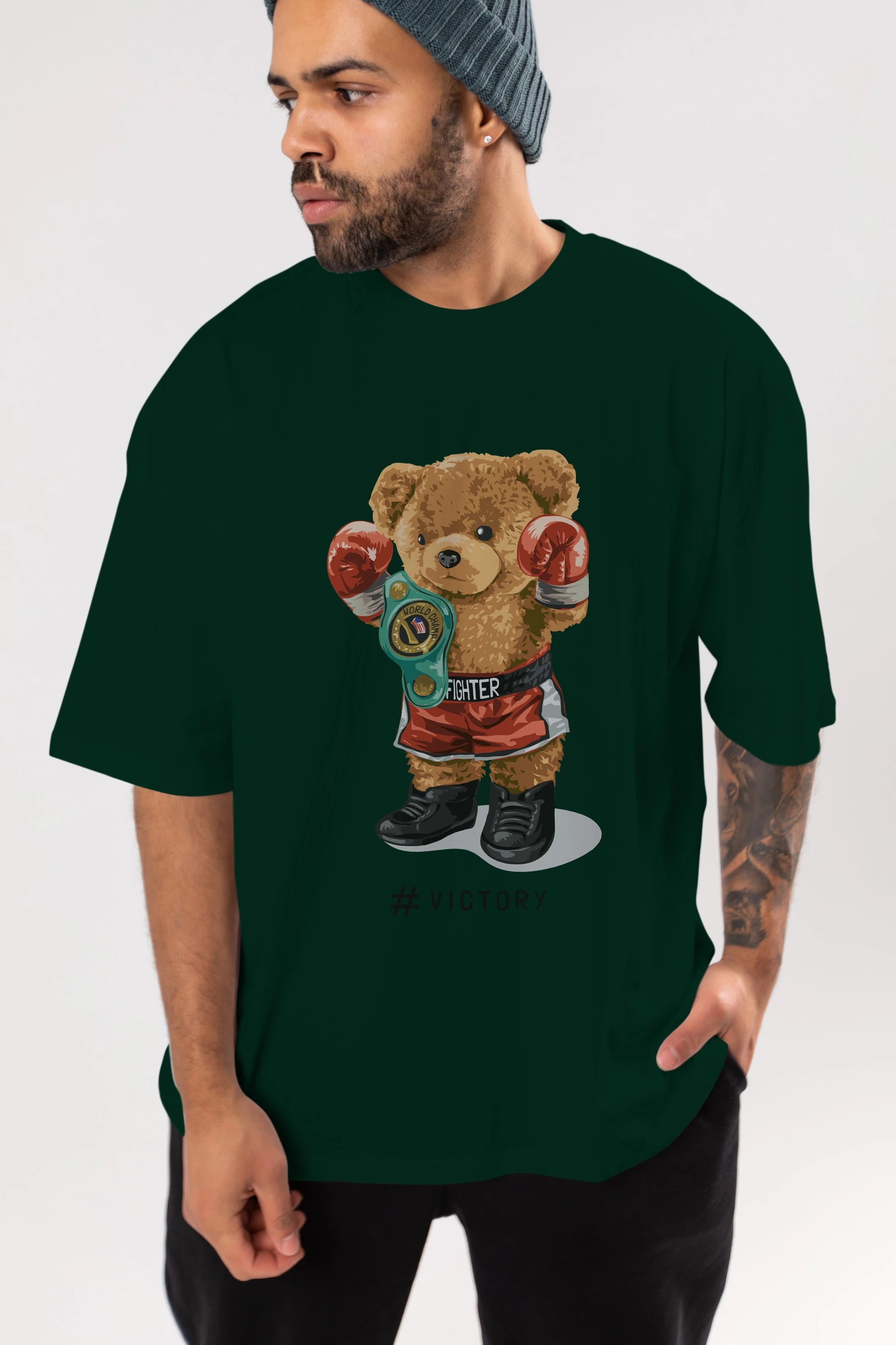 Teddy Bear Victory Ön Baskılı Oversize t-shirt Erkek Kadın Unisex %100 Pamuk