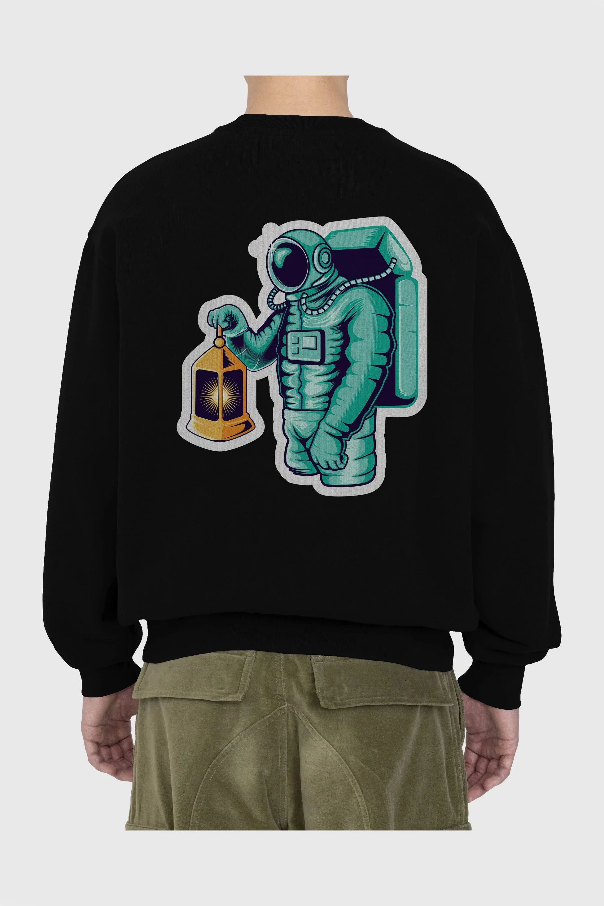 Astronaut Lantern Sticker Arka Baskılı Oversize Sweatshirt Erkek Kadın Unisex