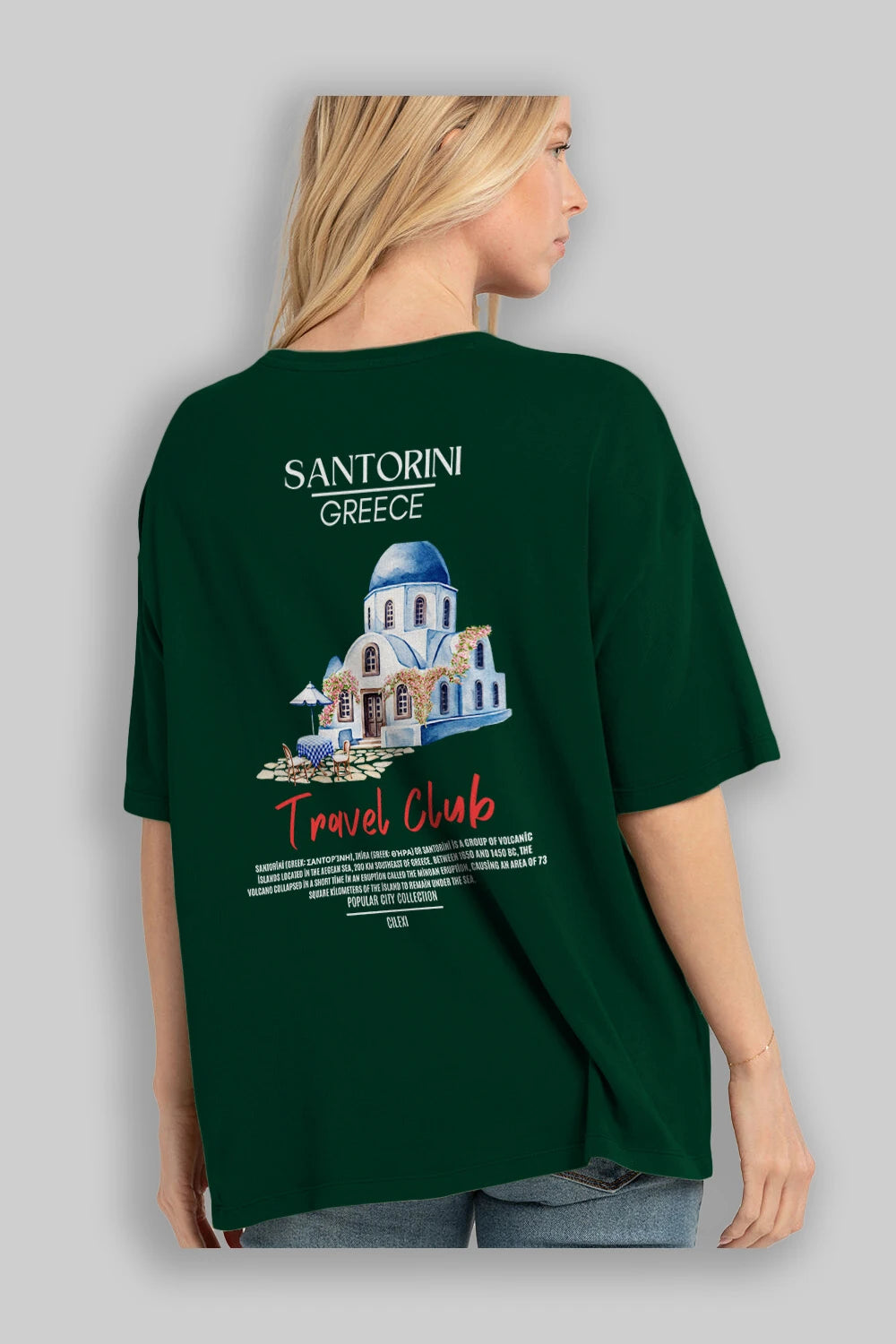 Santorini Greece Arka Baskılı Oversize t-shirt Erkek Kadın Pamuk Bisiklet Yaka tişort