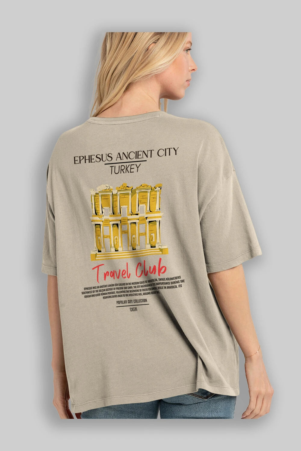 Ephesus Ancient City Turkey Arka Baskılı Oversize t-shirt Erkek Kadın Pamuk Bisiklet Yaka tişort
