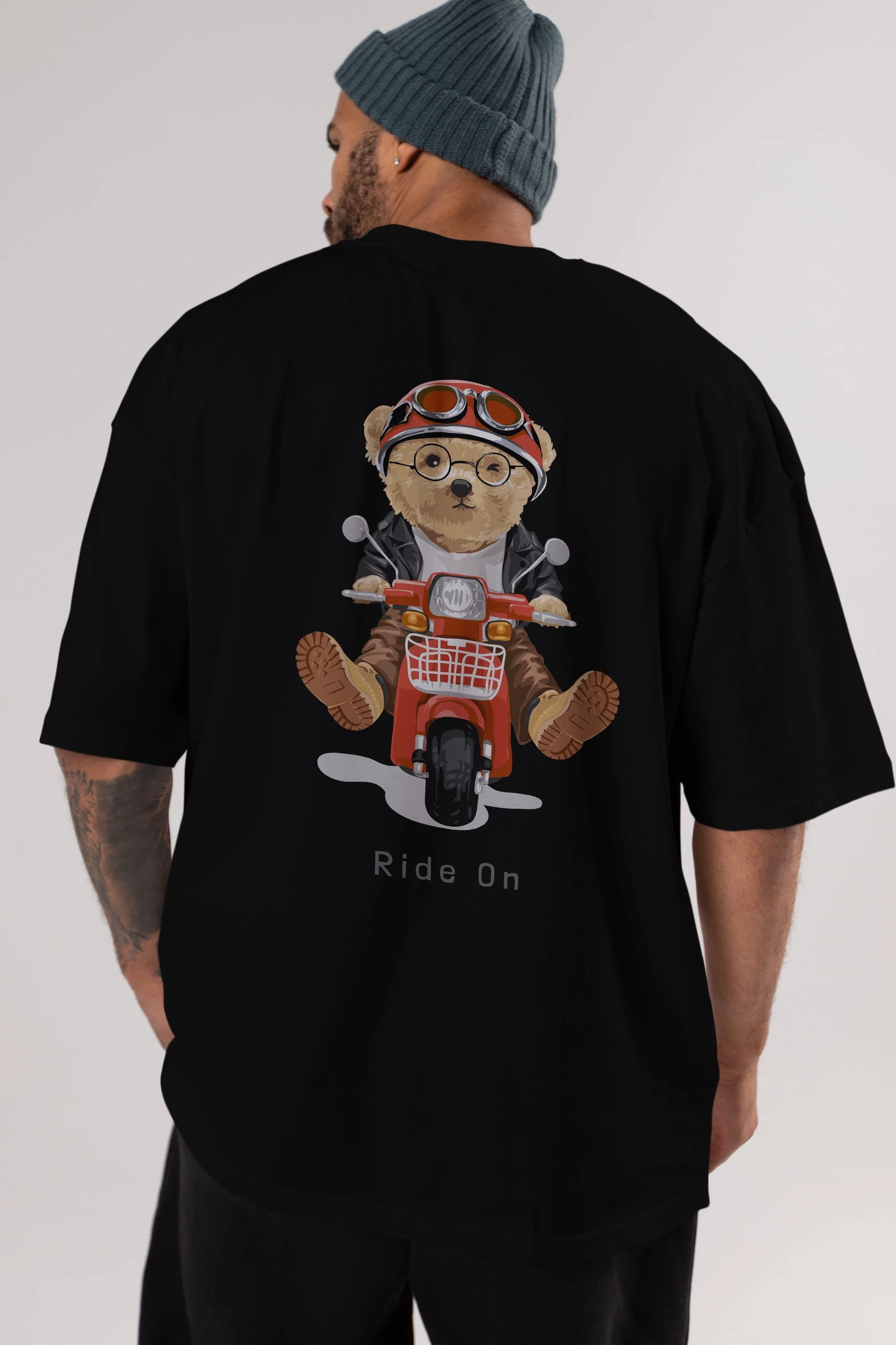 Teddy Bear Ride On Arka Baskılı Oversize t-shirt Erkek Kadın Unisex %100 Pamuk