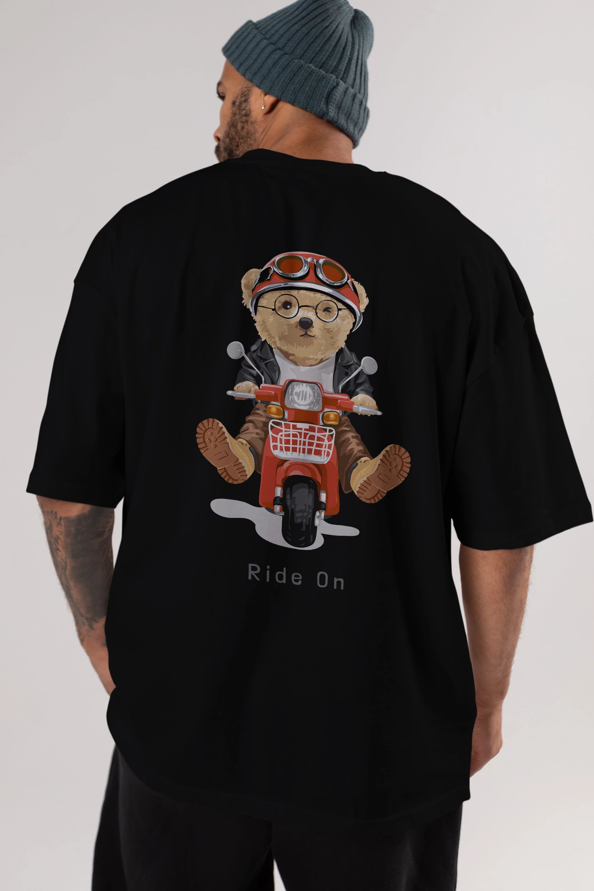 Teddy Bear Ride On Arka Baskılı Oversize t-shirt Erkek Kadın Unisex %100 Pamuk