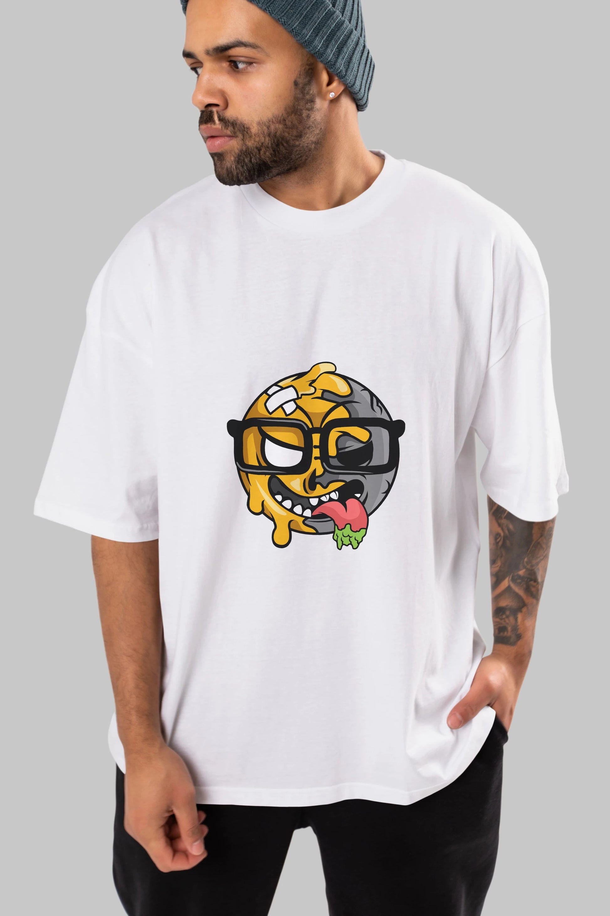 Smiley Nerd Ön Baskılı Oversize t-shirt Erkek Kadın Unisex %100 Pamuk tişort