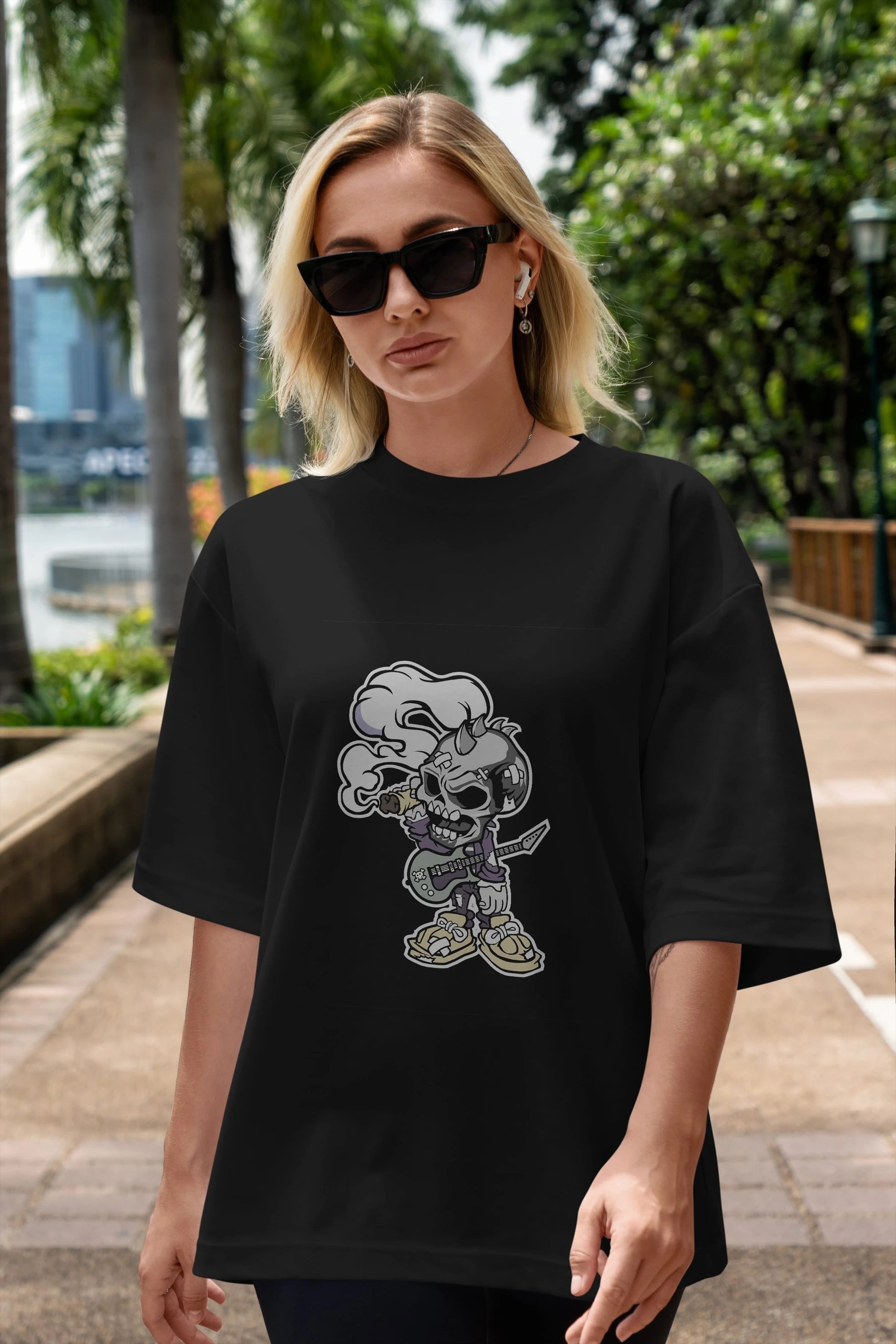 Skull Smoker Punk Rocker Ön Baskılı Oversize t-shirt Erkek Kadın Unisex %100 Pamuk tişort