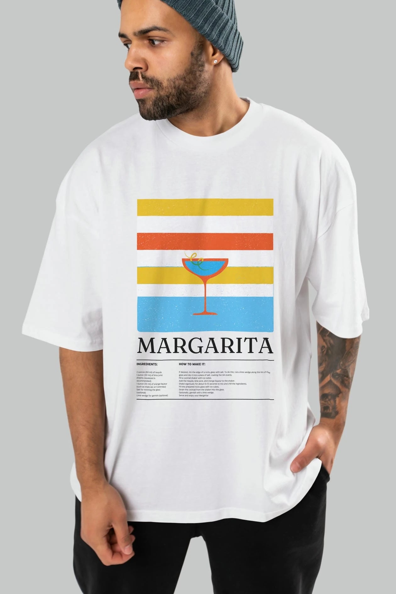 Margarita Kokteyl Ön Baskılı Oversize t-shirt Erkek Kadın %100 Pamuk Bisiklet Yaka tişort