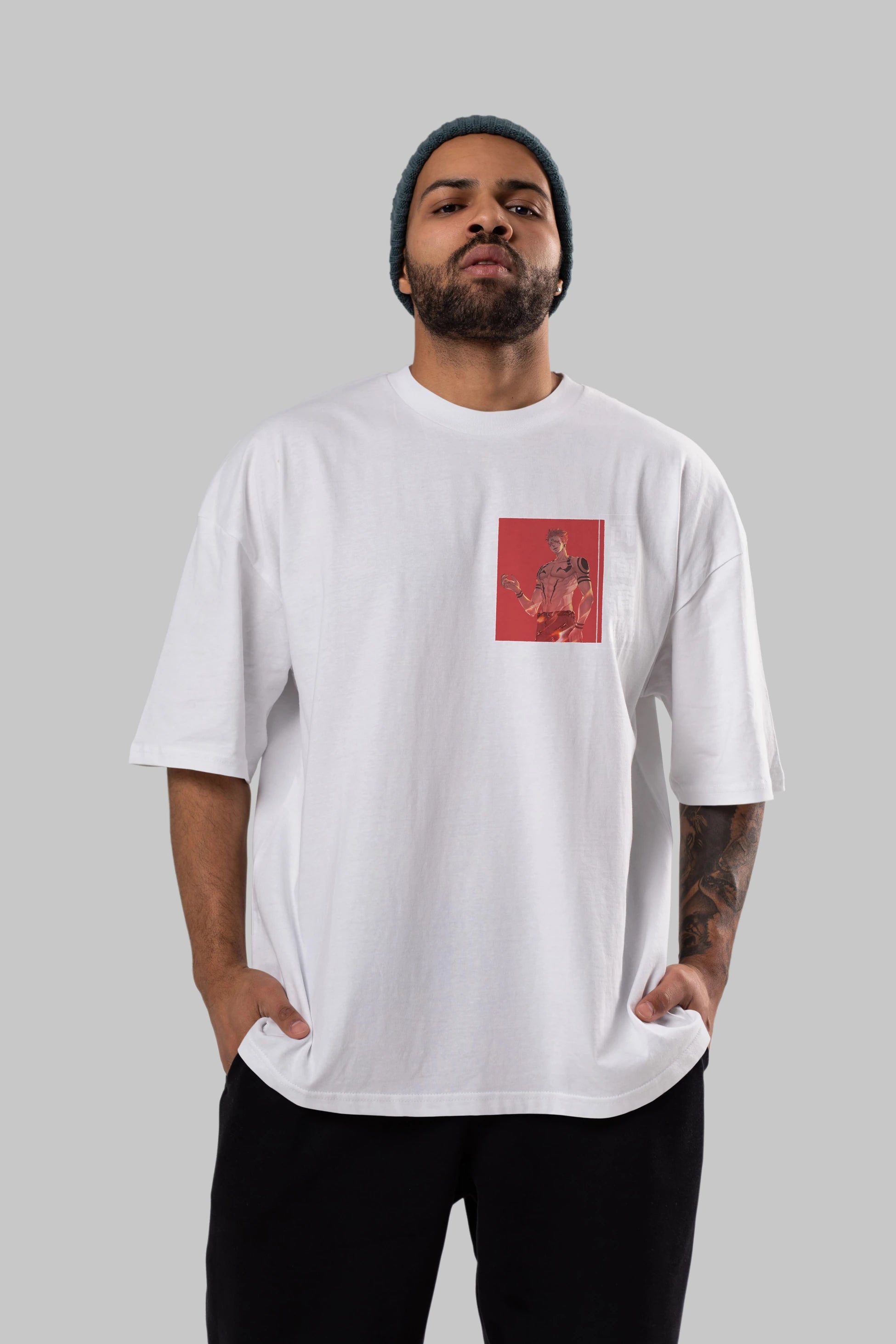 Sukuna Ryoumen 3 Ön Sol Baskılı Oversize t-shirt Erkek Kadın Unisex %100 Pamuk Bisiklet Yaka tişort