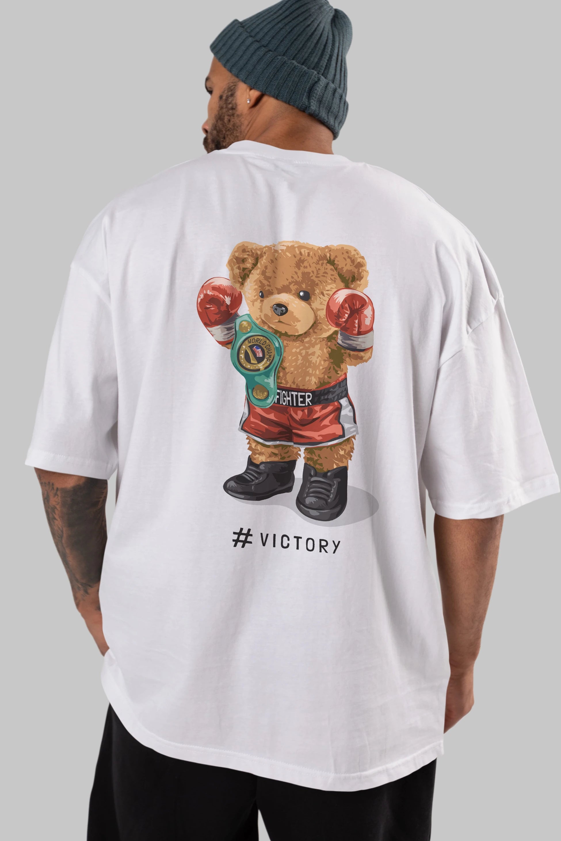 Teddy Bear Victory Arka Baskılı Oversize t-shirt Erkek Kadın Unisex %100 Pamuk