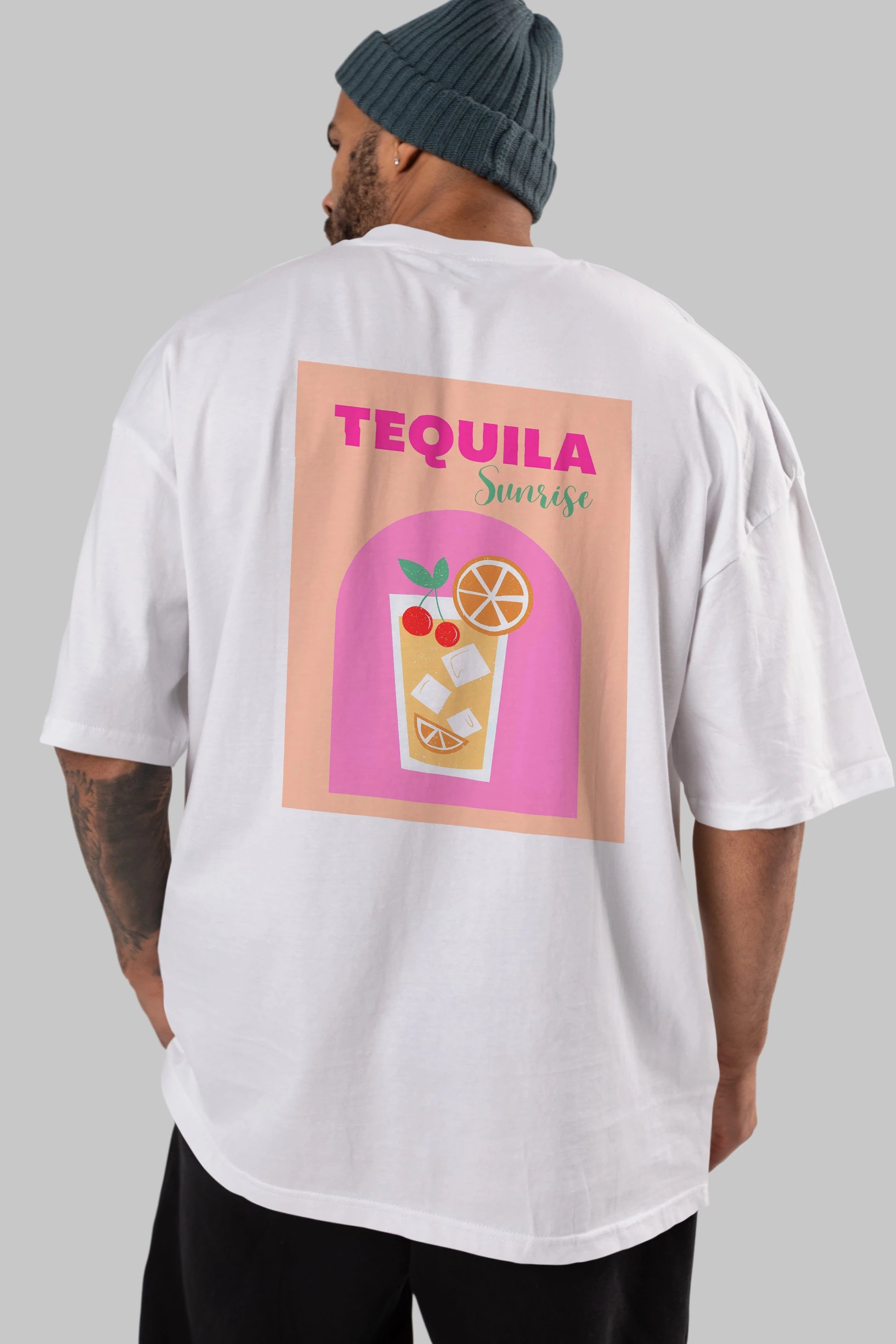 Tequila Sunrise 2 Arka Baskılı Oversize t-shirt Erkek Kadın Unisex %100 Pamuk Bisiklet Yaka tişort