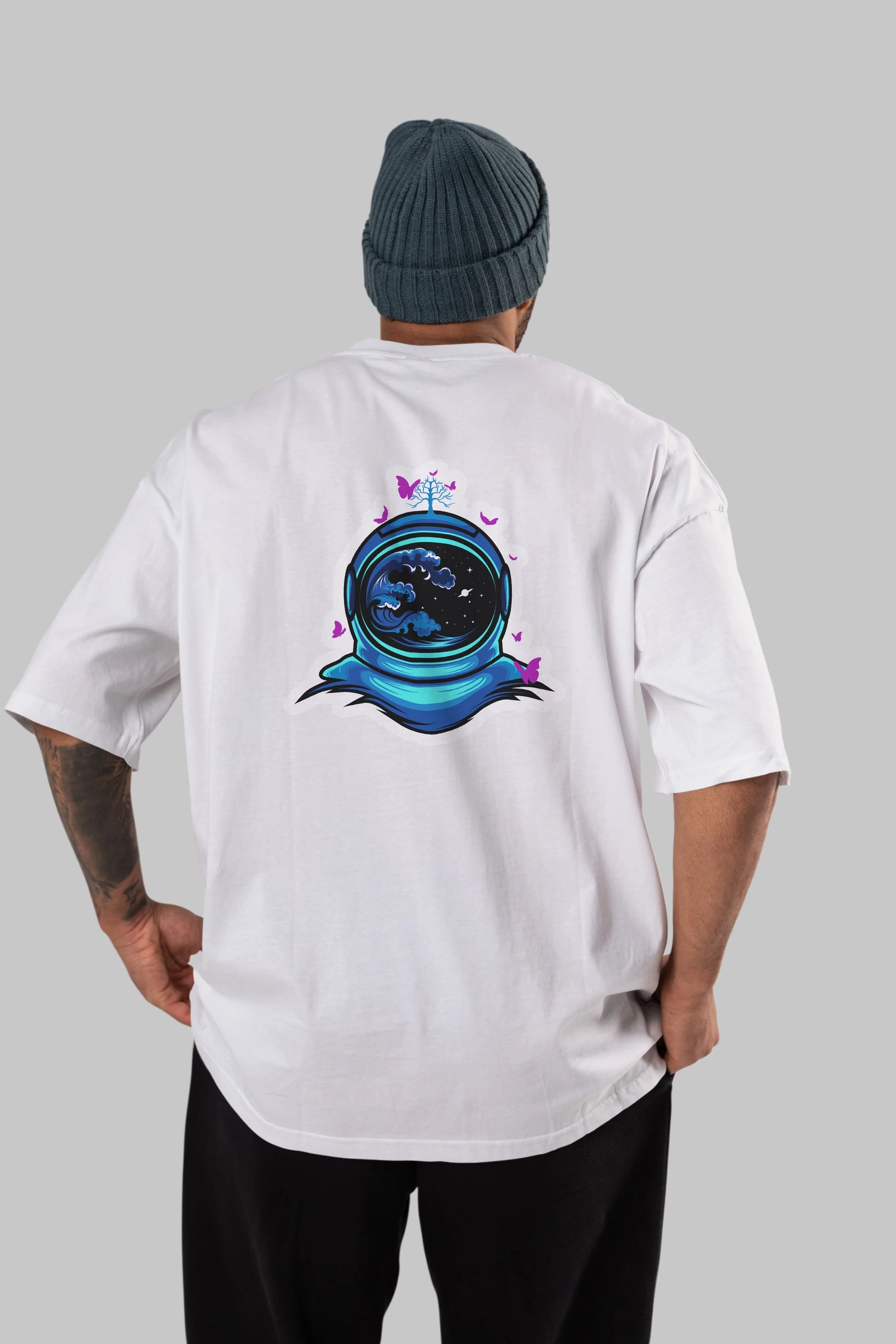 Astronaut and Butterfly Sticker Arka Baskılı Oversize t-shirt Erkek Kadın Unisex