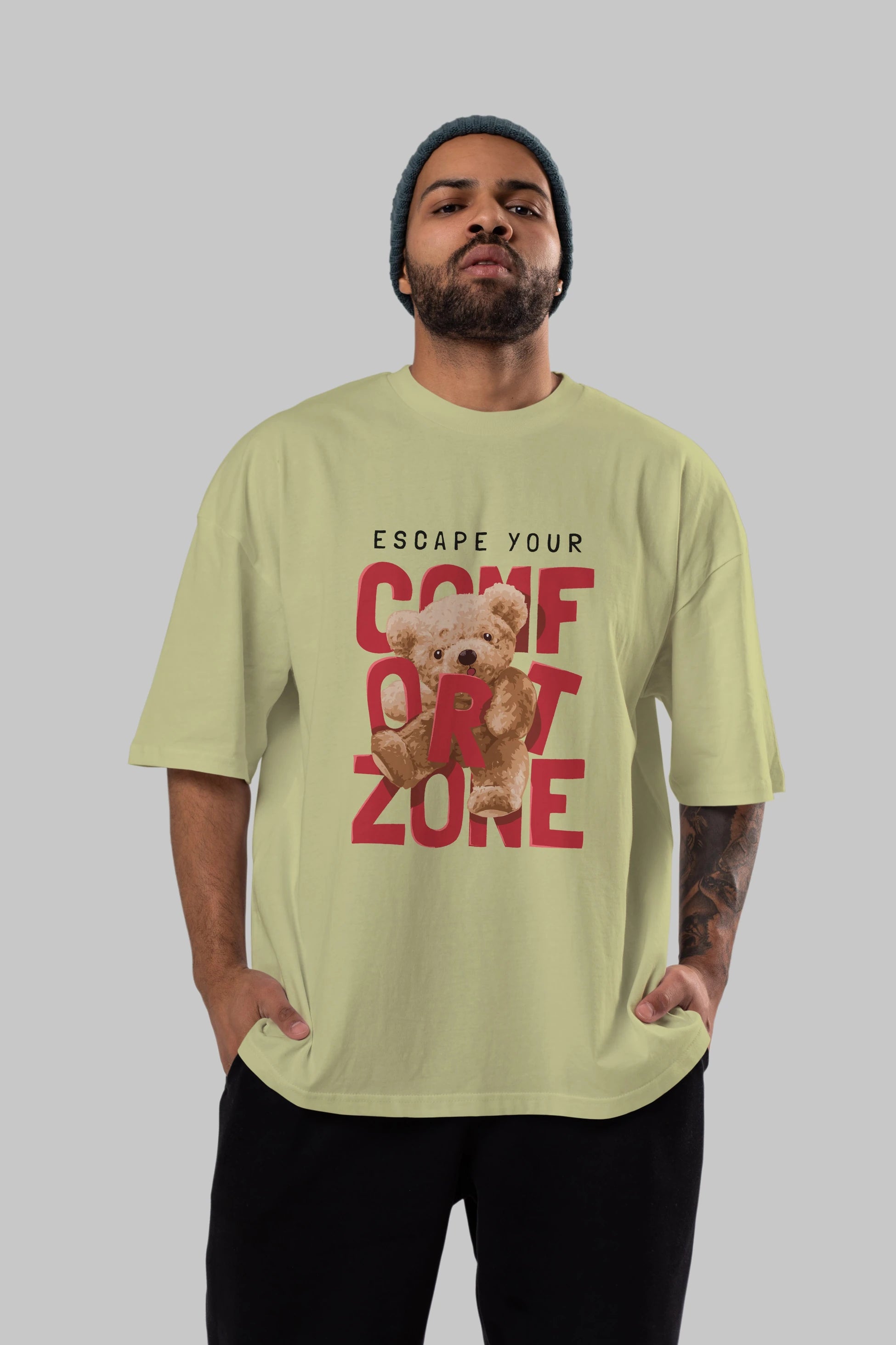 Teddy Bear Escape Comfort Zone Ön Baskılı Oversize t-shirt Erkek Kadın Unisex %100 Pamuk