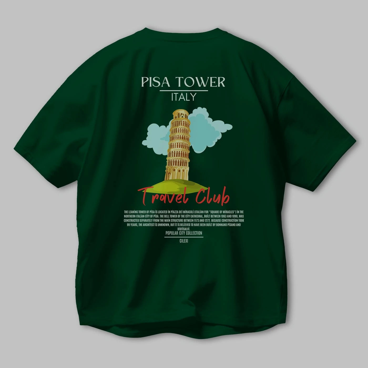 Pisa Tower İtaly Arka Baskılı Oversize t-shirt Erkek Kadın Pamuk Bisiklet Yaka tişort