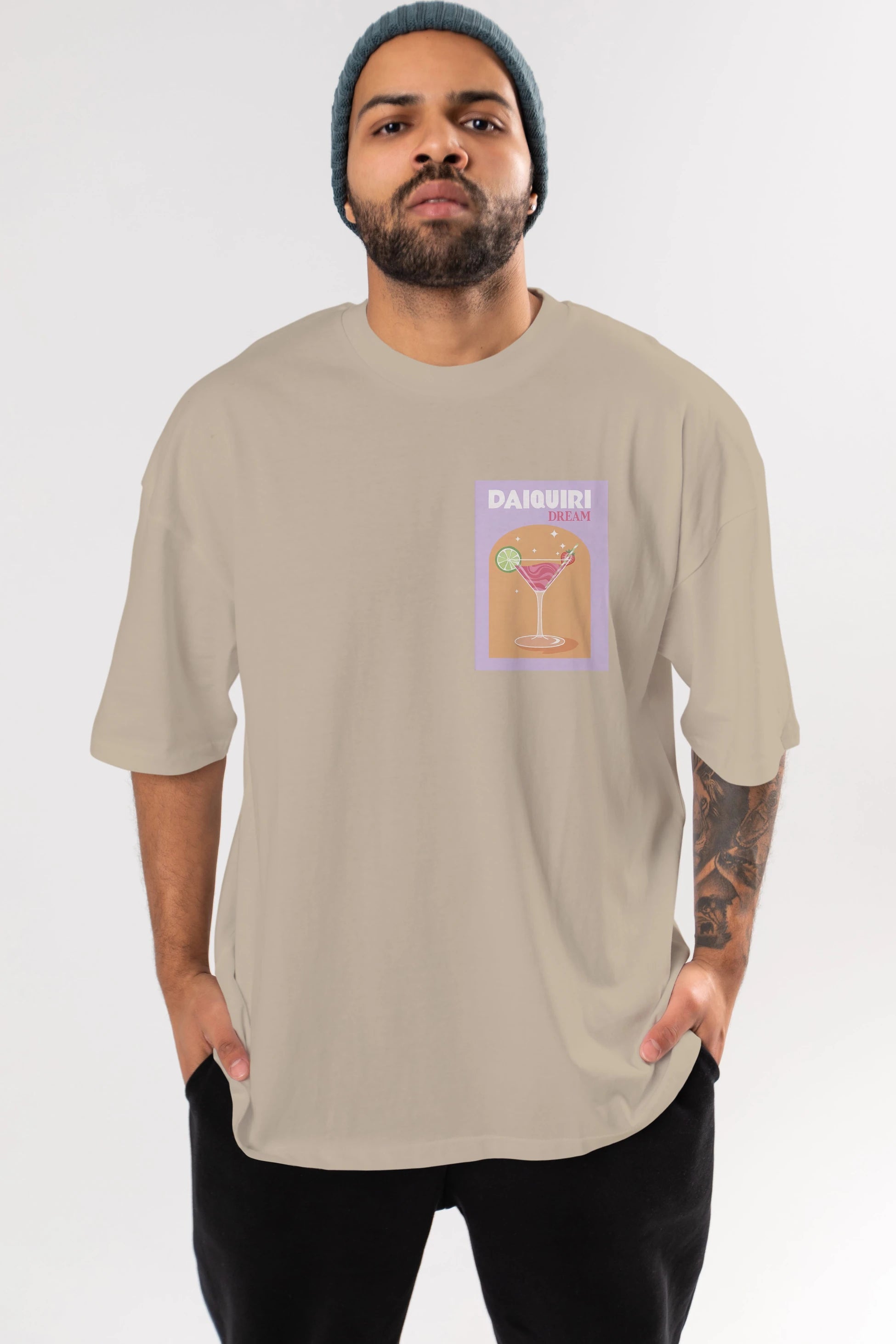 Daiquiri Dream Ön Sol Baskılı Oversize t-shirt Erkek Kadın Unisex %100 Pamuk Bisiklet Yaka tişort