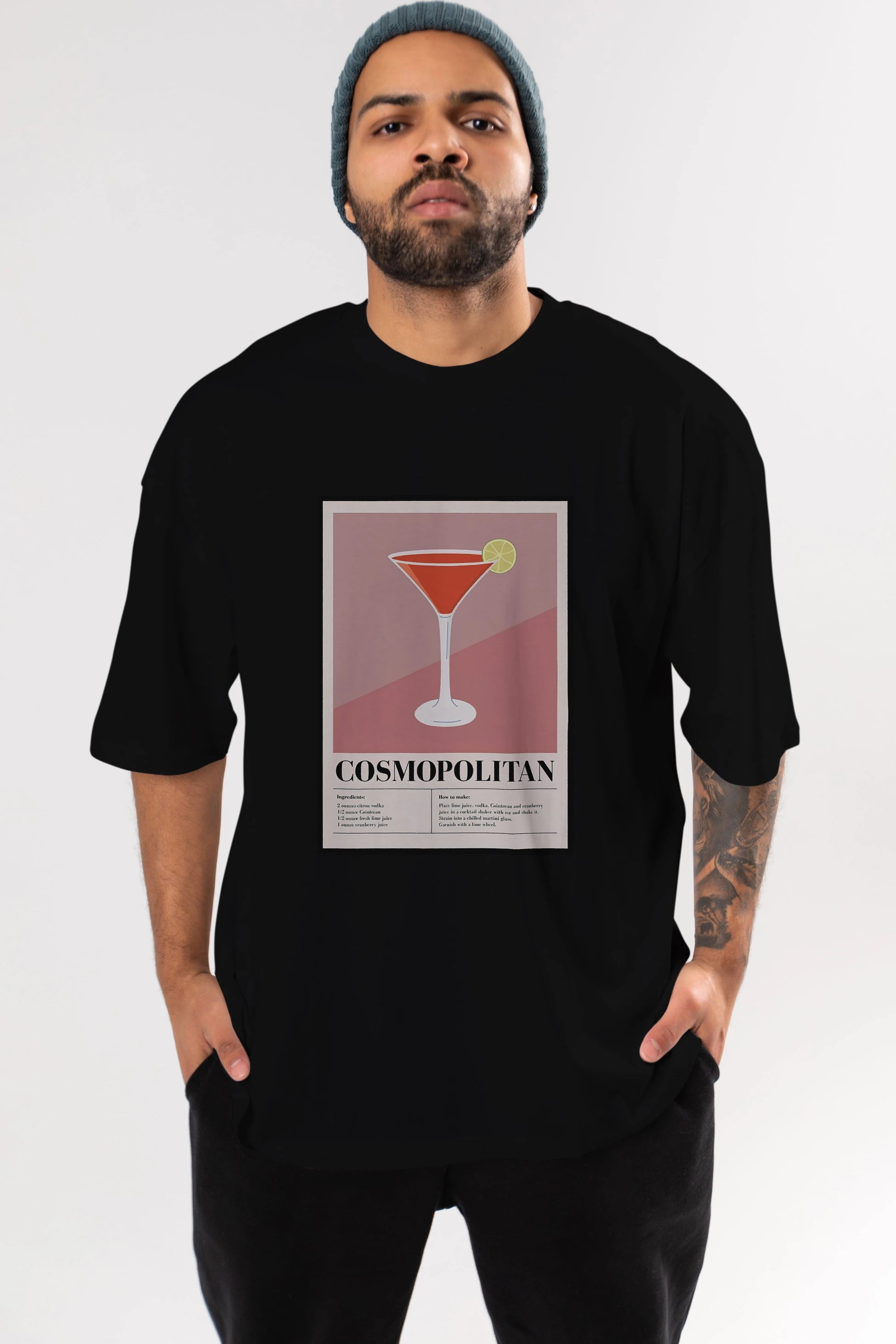 Cosmopolitan 3 Ön Baskılı Oversize t-shirt Erkek Kadın Unisex %100 Pamuk Bisiklet Yaka tişort