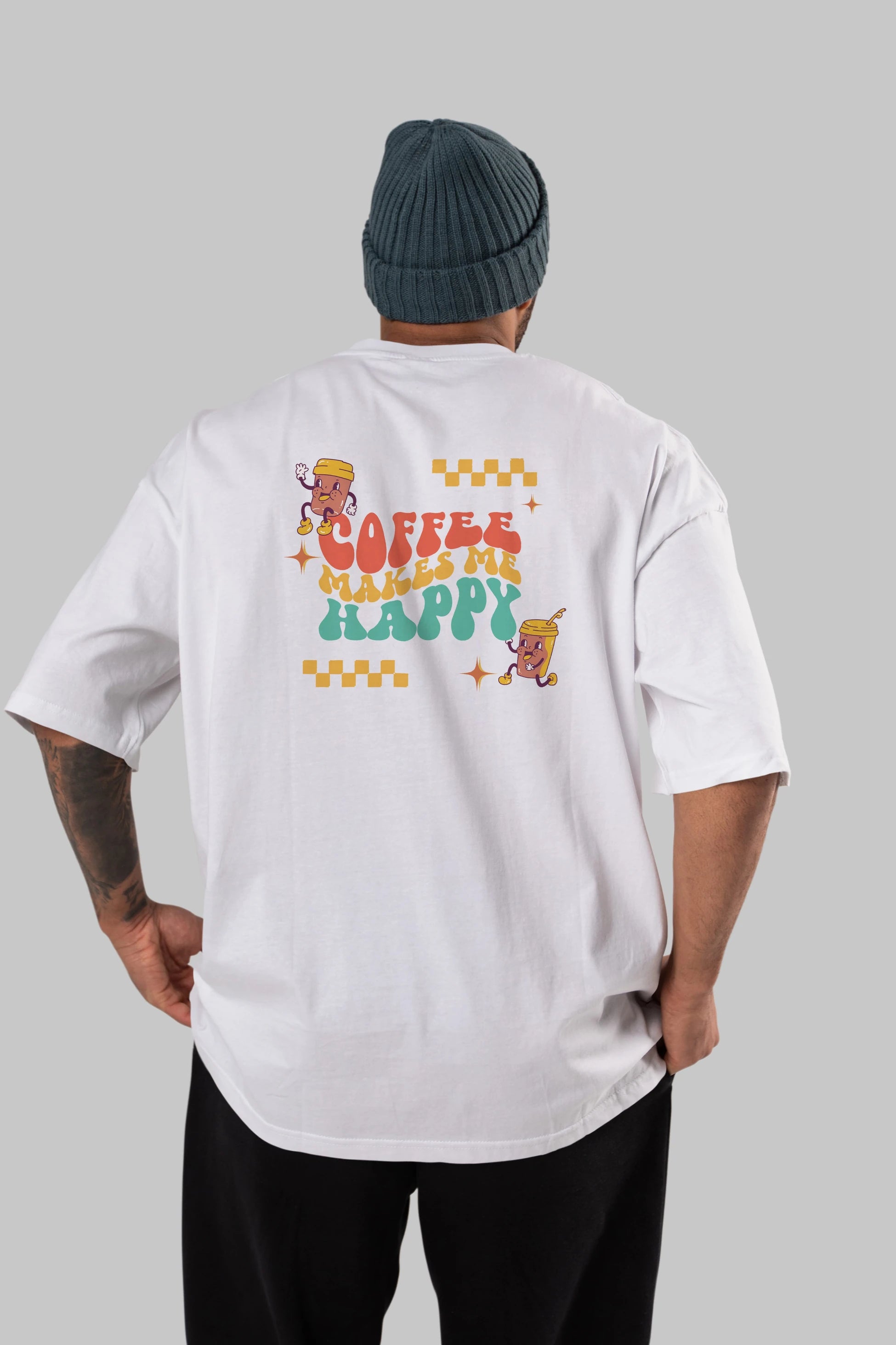 Coffee Makes Me Happy Yazılı Arka Baskılı Oversize t-shirt Erkek Kadın Unisex