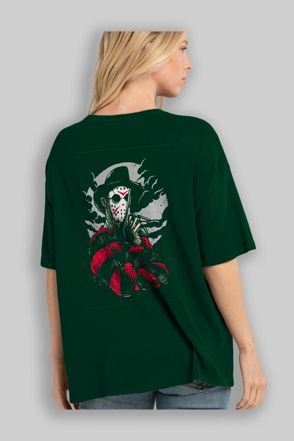 Freddy VS Jason (2) Arka Baskılı Oversize t-shirt Erkek Kadın Unisex %100 Pamuk