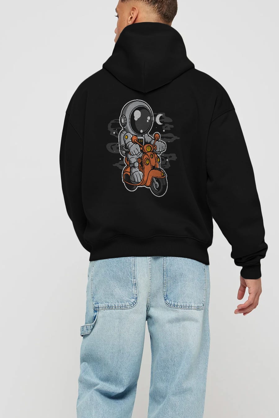 Astronaut Scooter Arka Baskılı Hoodie Oversize Kapüşonlu Sweatshirt Erkek Kadın Unisex