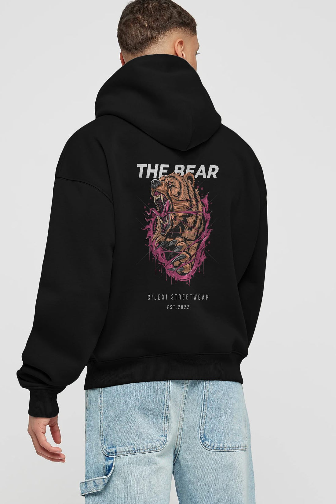 The Bear Arka Baskılı Oversize Hoodie Kapüşonlu Sweatshirt Erkek Kadın Unisex