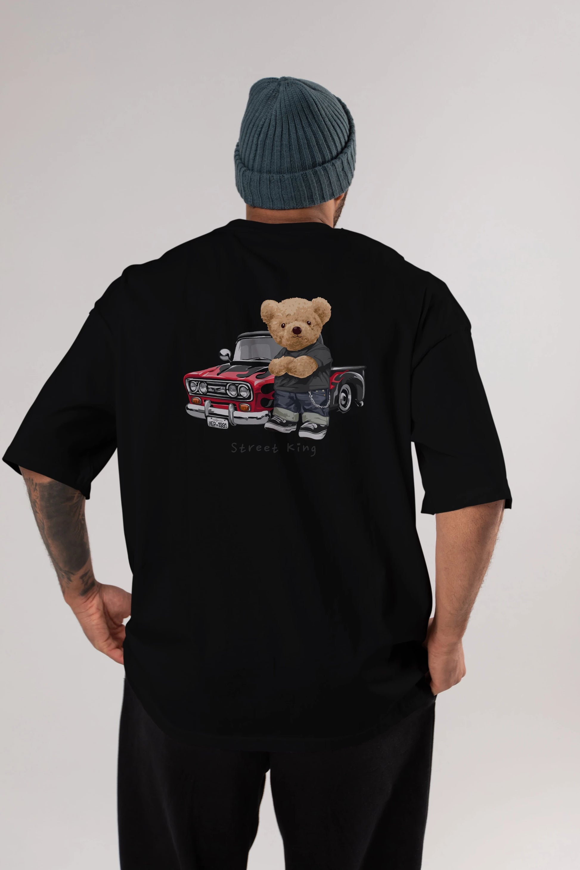 Teddy Bear Street King Arka Baskılı Oversize t-shirt Erkek Kadın Unisex %100 Pamuk