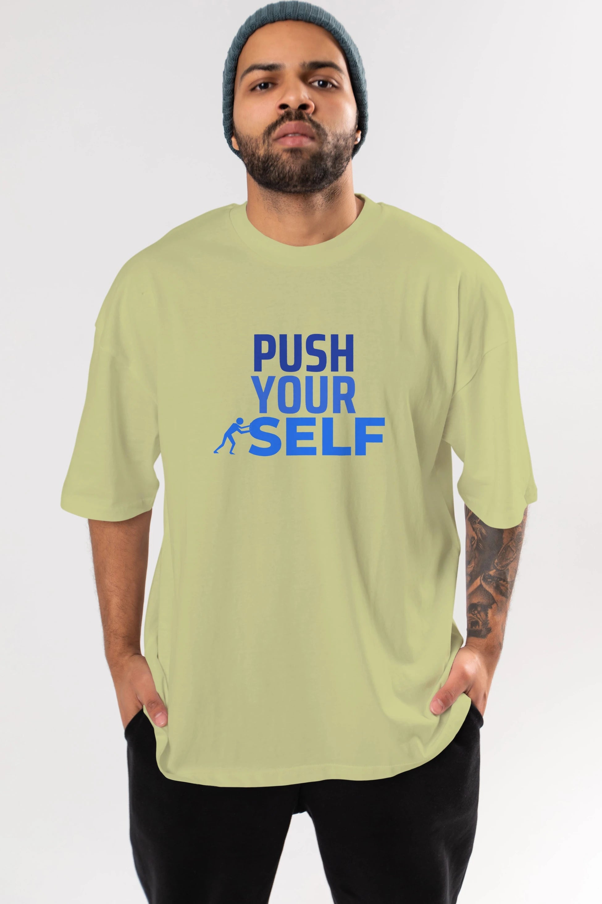 Push Yourself Yazılı Ön Baskılı Oversize t-shirt Erkek Kadın Unisex