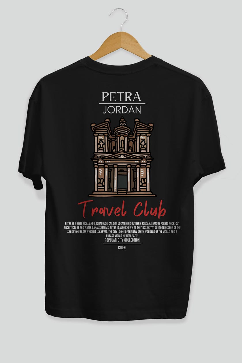Petra Jordan Arka Baskılı Oversize t-shirt Erkek Kadın Pamuk Bisiklet Yaka tişort
