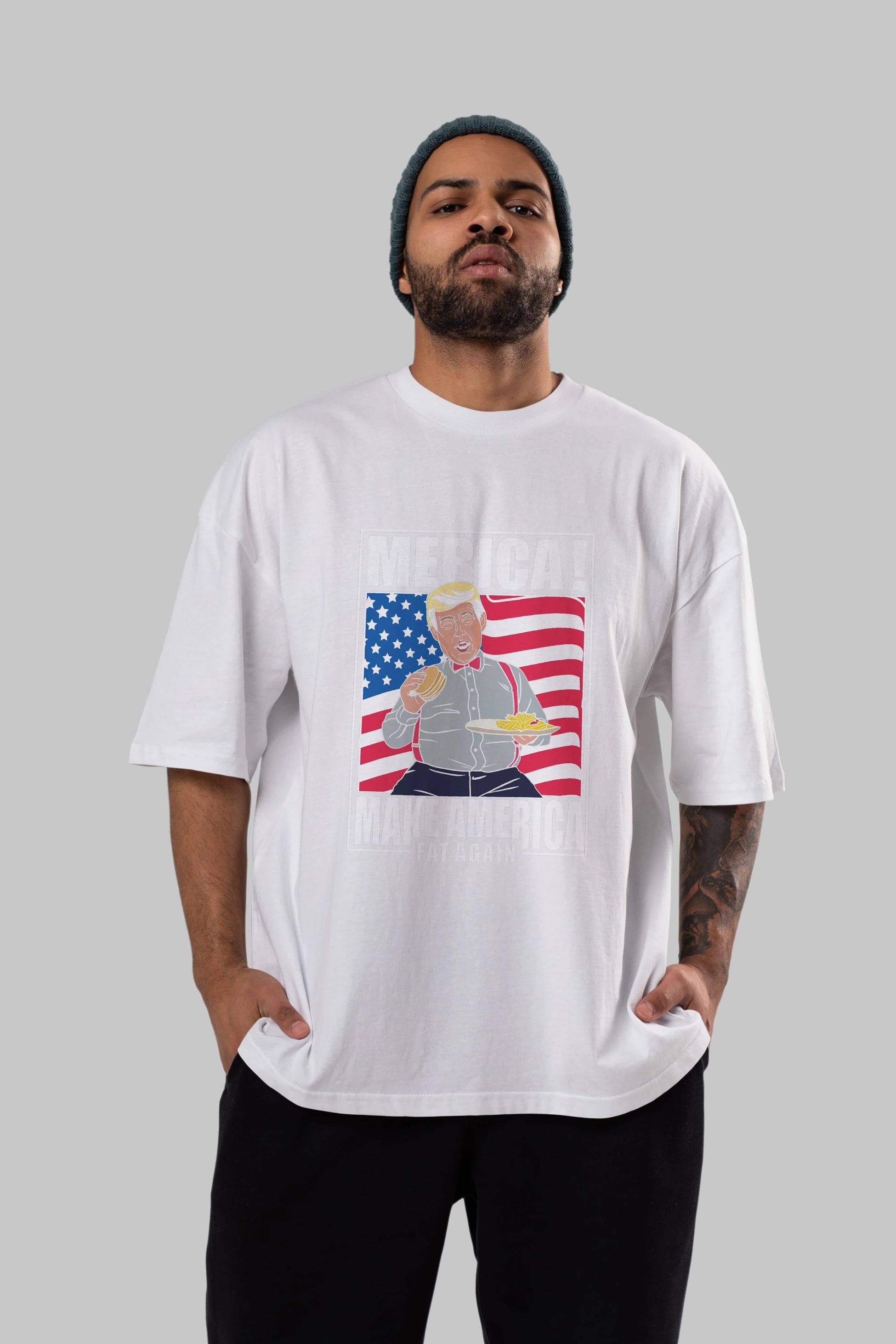 Trump Burger Ön Baskılı Oversize t-shirt Erkek Kadın Unisex %100 Pamuk tişort