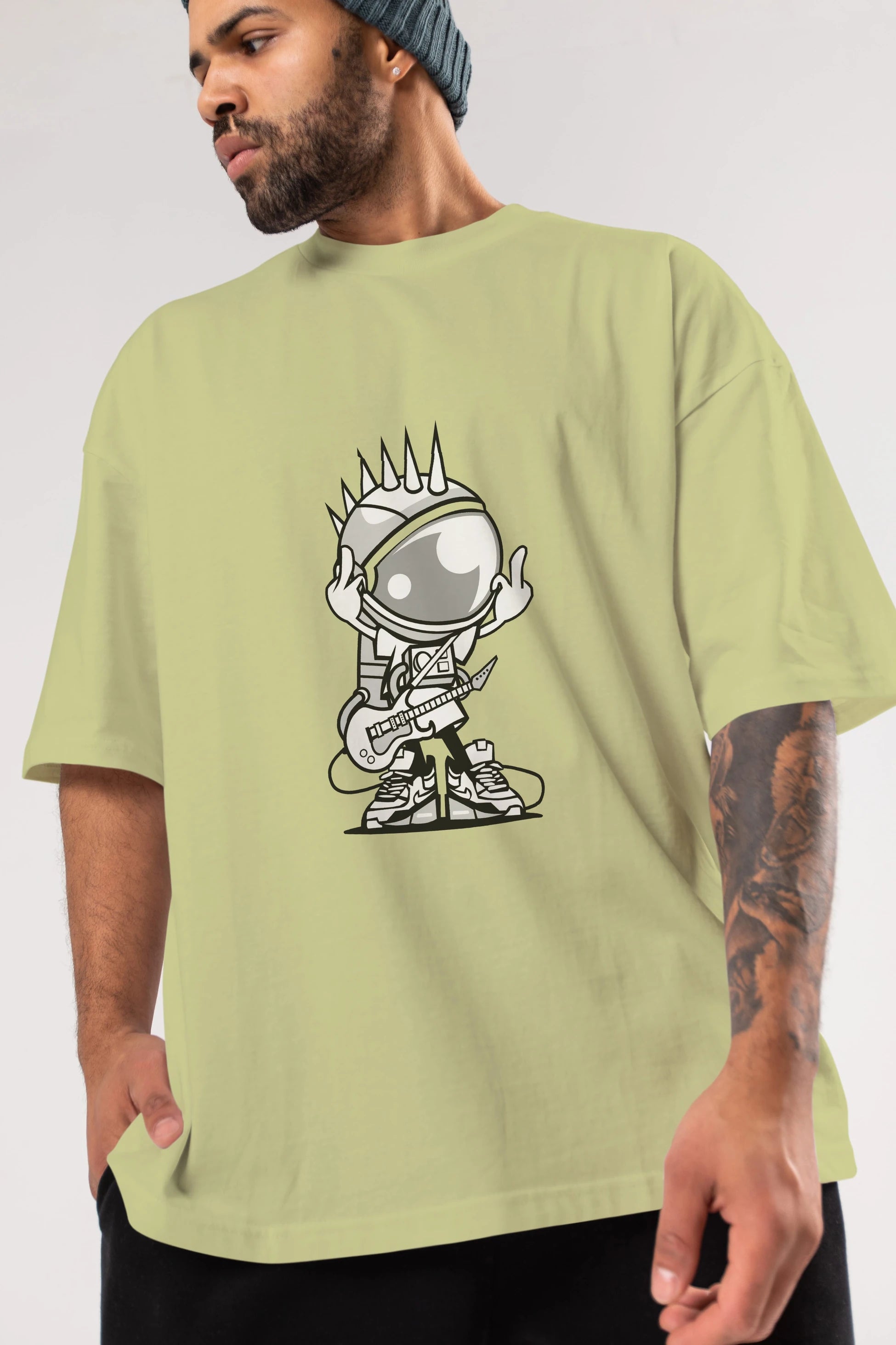 Astronaut Punk Rock Ön Baskılı Oversize t-shirt Erkek Kadın Unisex %100 Pamuk tişort