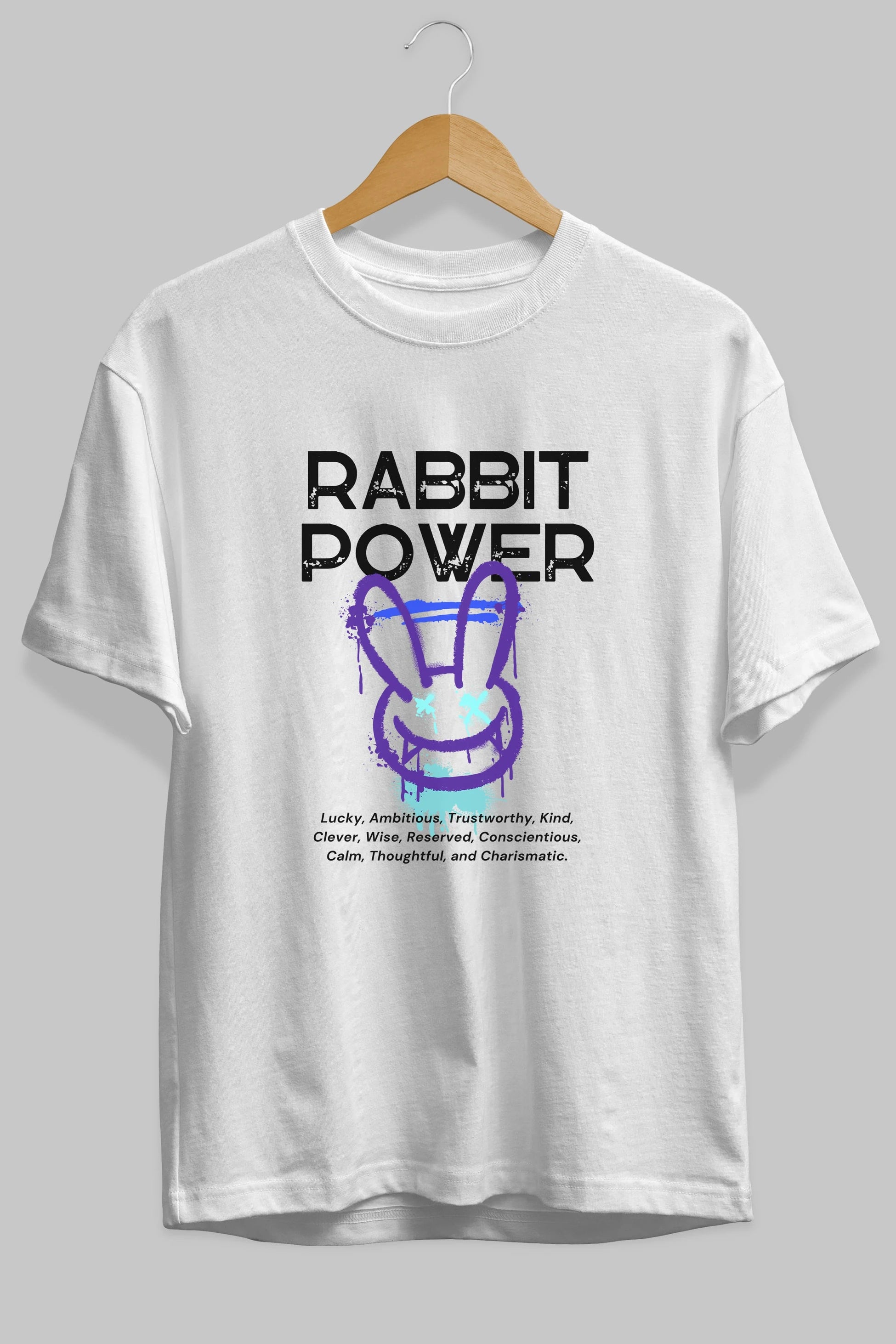 Rabbit Power Yazılı Ön Baskılı Oversize t-shirt Erkek Kadın Unisex