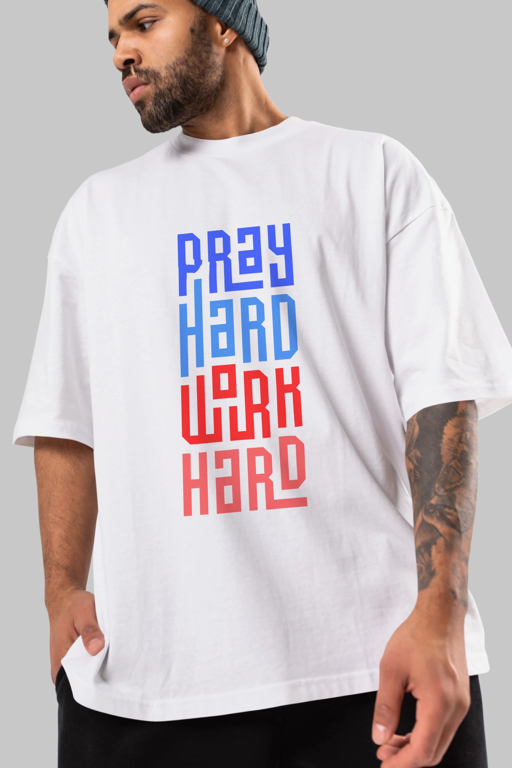 Pray Hard Work Hard Yazılı Ön Baskılı Oversize t-shirt Erkek Kadın Unisex