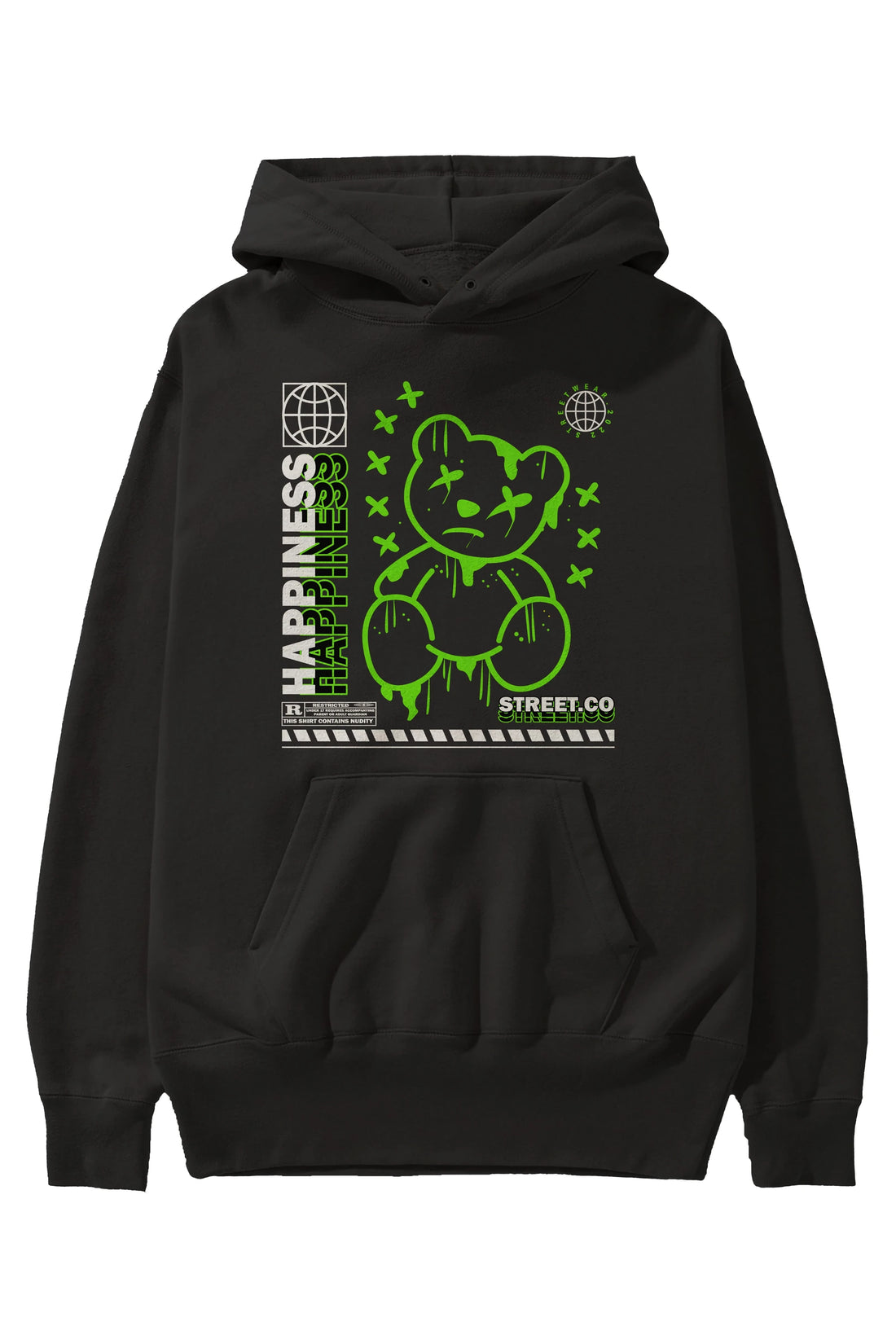 Happiness Bear 3 Ön Baskılı Hoodie Oversize Kapüşonlu Sweatshirt Erkek Kadın Unisex