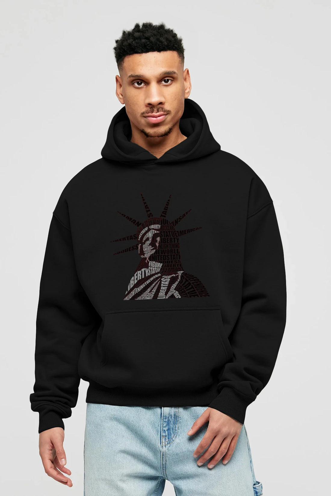 Liberty Statue Calligram Ön Baskılı Hoodie Oversize Kapüşonlu Sweatshirt Erkek Kadın Unisex