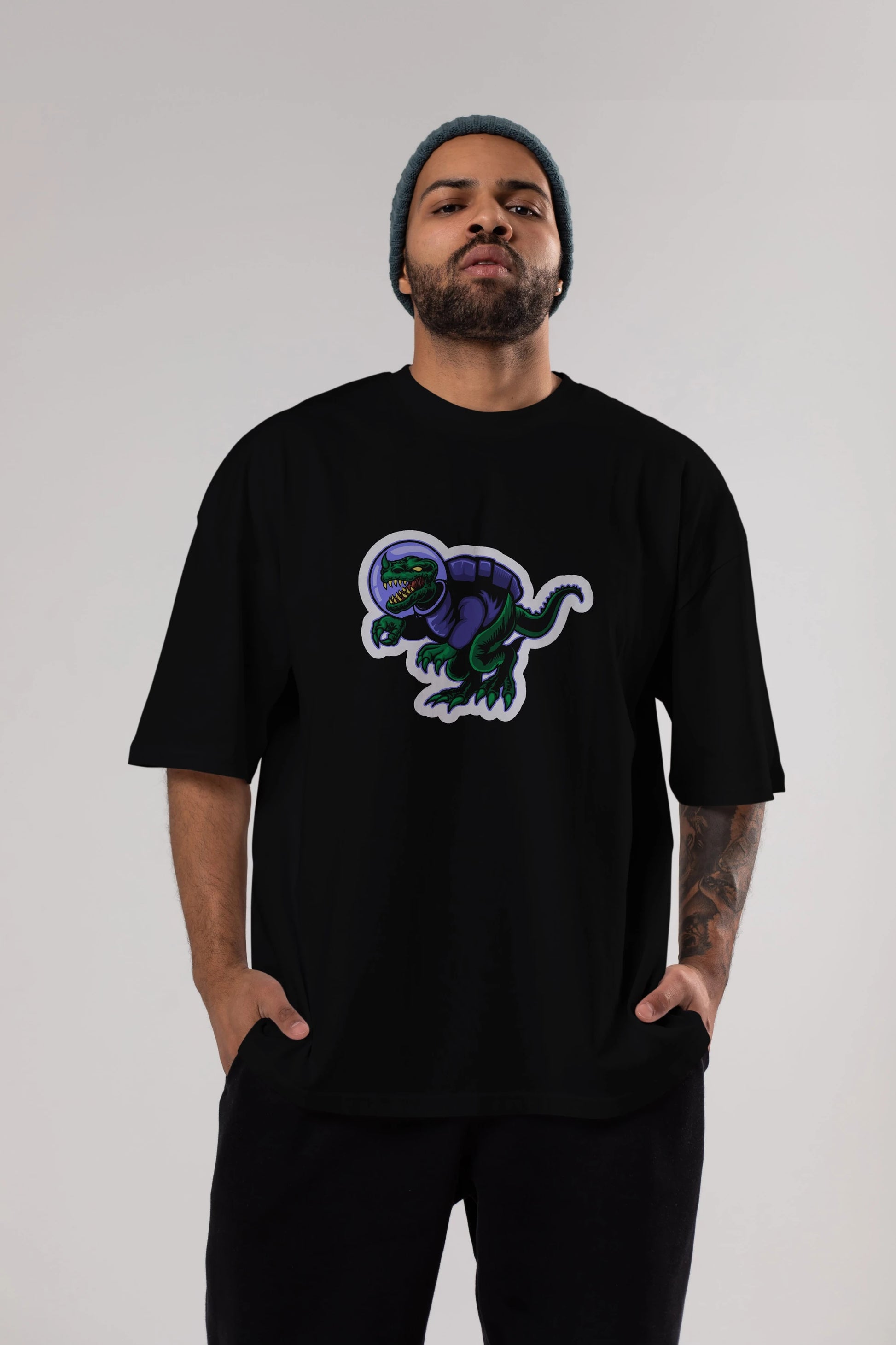 Space Dino Sticker Ön Baskılı Oversize t-shirt Erkek Kadın Unisex