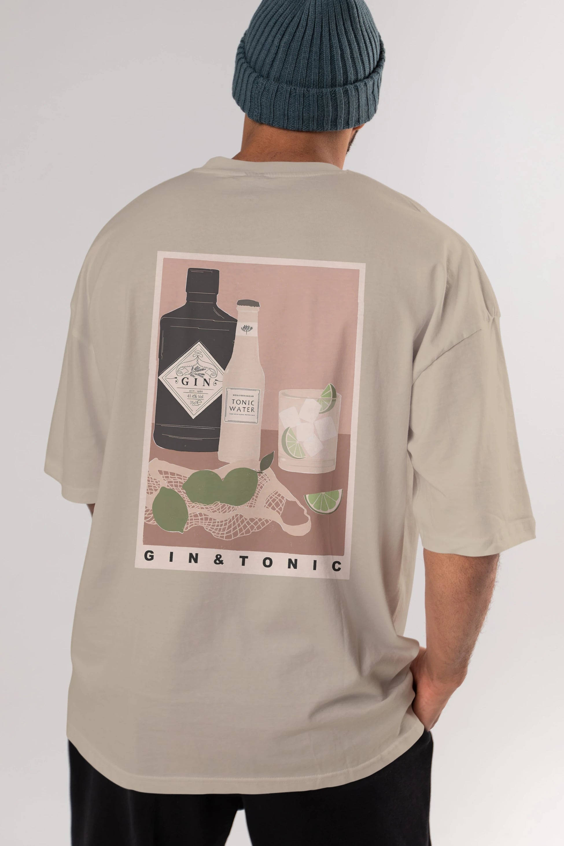 Gin Tonic Arka Baskılı Oversize t-shirt Erkek Kadın Unisex %100 Pamuk Bisiklet Yaka tişort