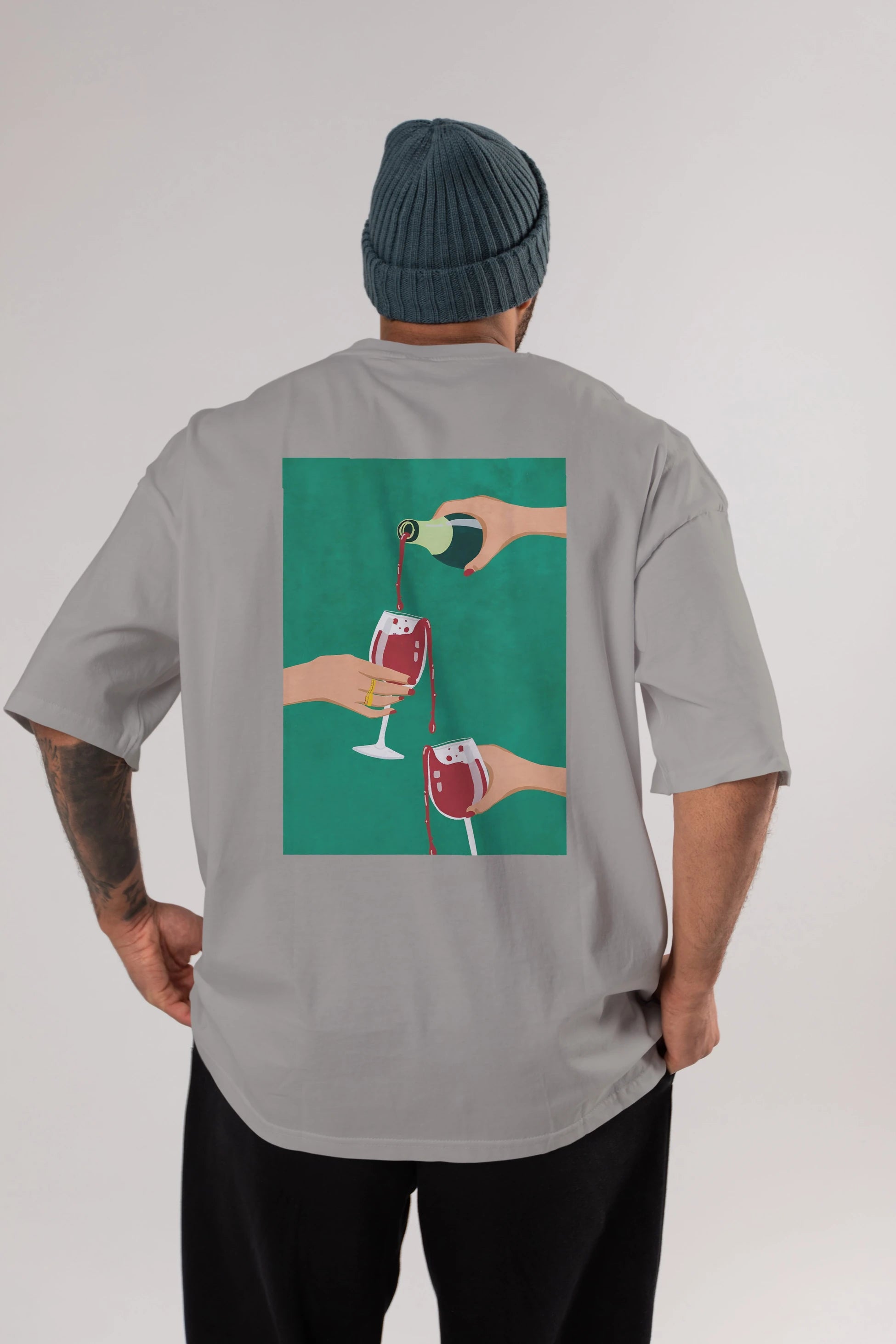 Wine 2 Arka Baskılı Oversize t-shirt Erkek Kadın Unisex %100 Pamuk Bisiklet Yaka tişort